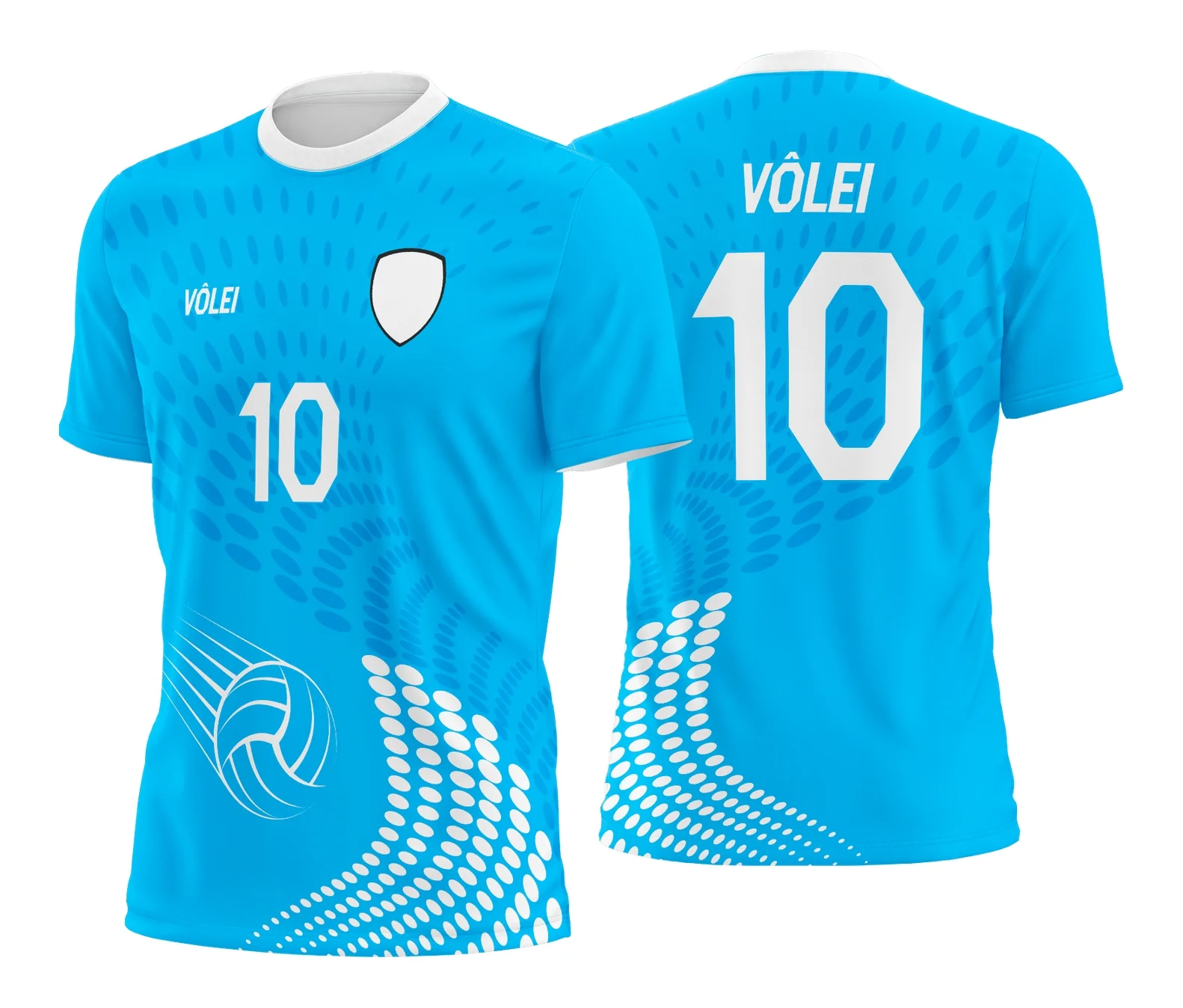 Camiseta unissex preta com logo no peito e estampa grande nas costas com tema de camisa de vôlei, destacando movimento e energia do esporte.