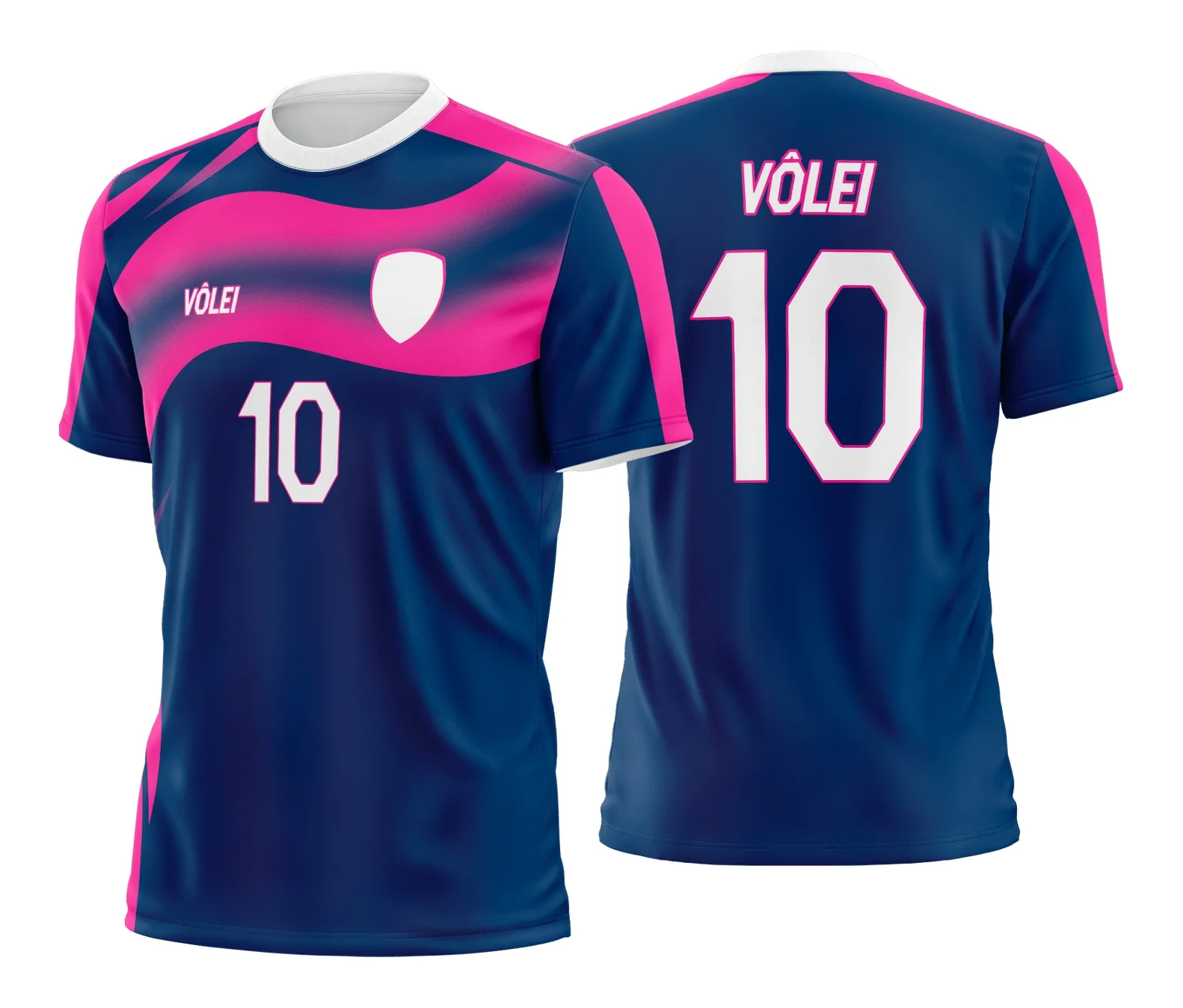 Camiseta unissex branca com logo no peito e estampa grande nas costas, tema Camisa de Vôlei, design moderno e esportivo, ideal para torcida e times de vôlei.