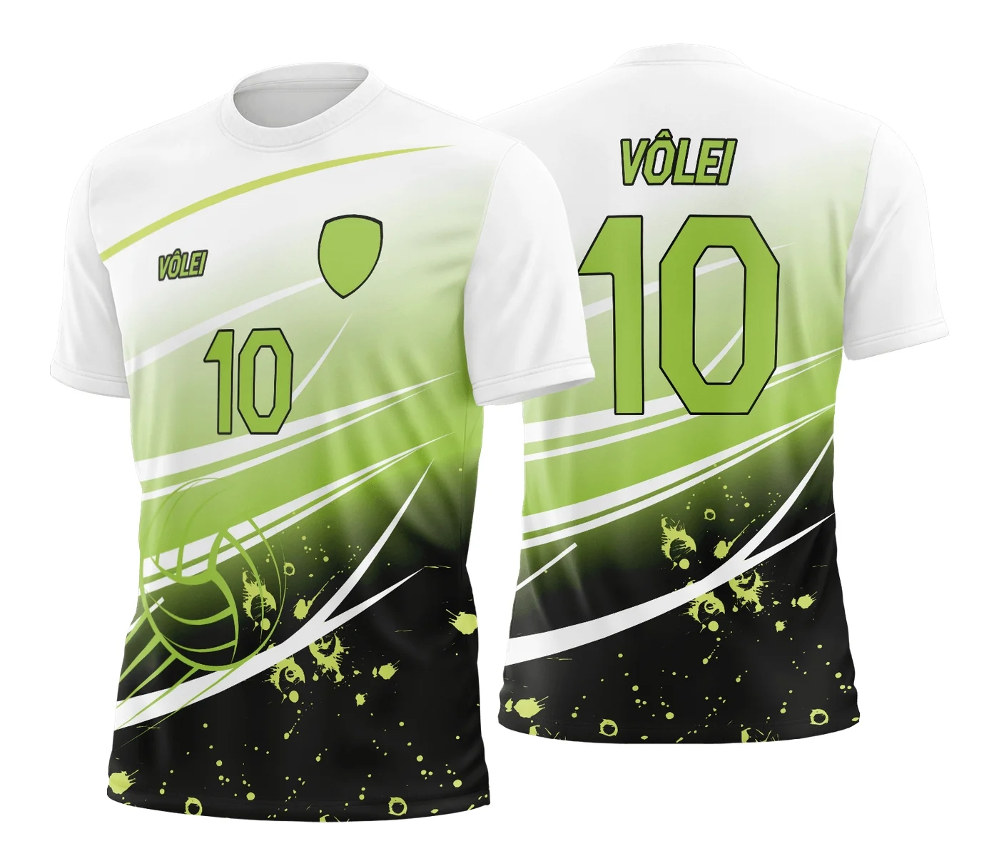 Camiseta unissex branca com logo no peito e estampa grande nas costas temática de camisa de vôlei, design moderno e vibrante para fãs e atletas do esporte.