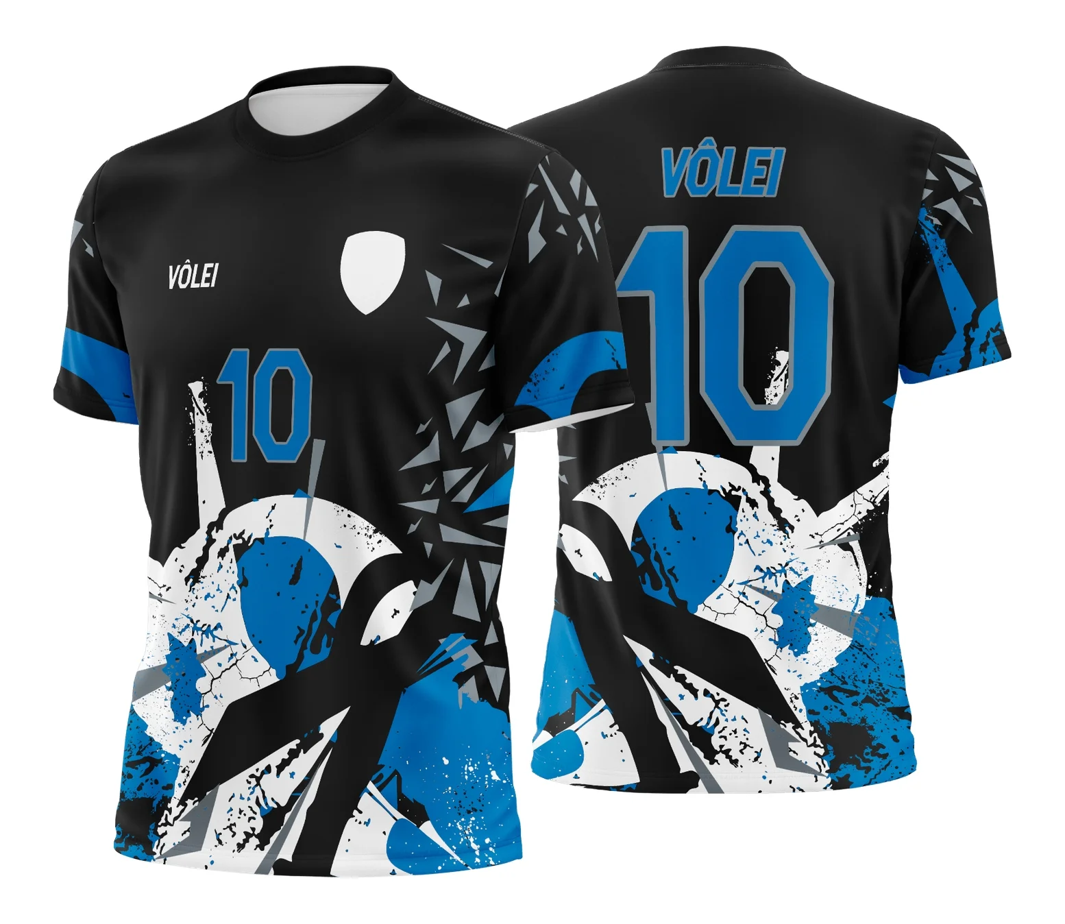 Camiseta unissex preta com logo no peito e estampa grande nas costas de um design inspirado em vôlei, perfeita para quem ama o esporte e busca estilo e conforto.