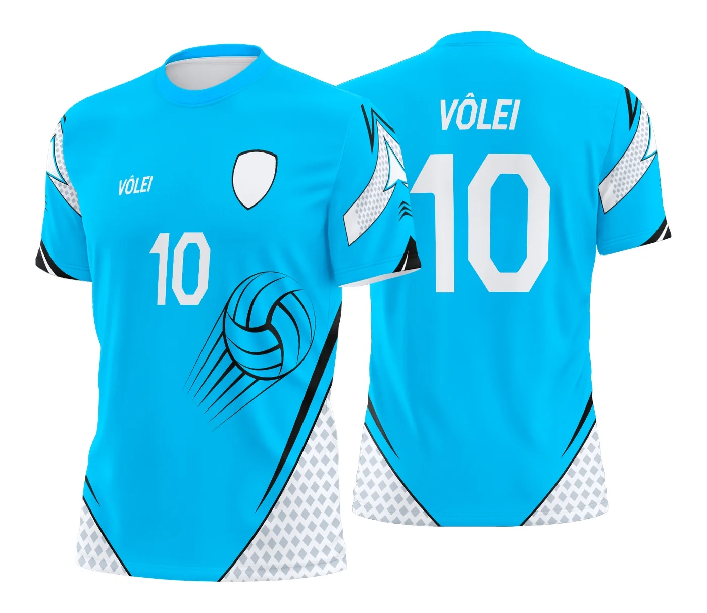 Camiseta unissex preta com logo no peito e estampa grande nas costas com tema de camisa de vôlei, ideal para uso esportivo e lazer.