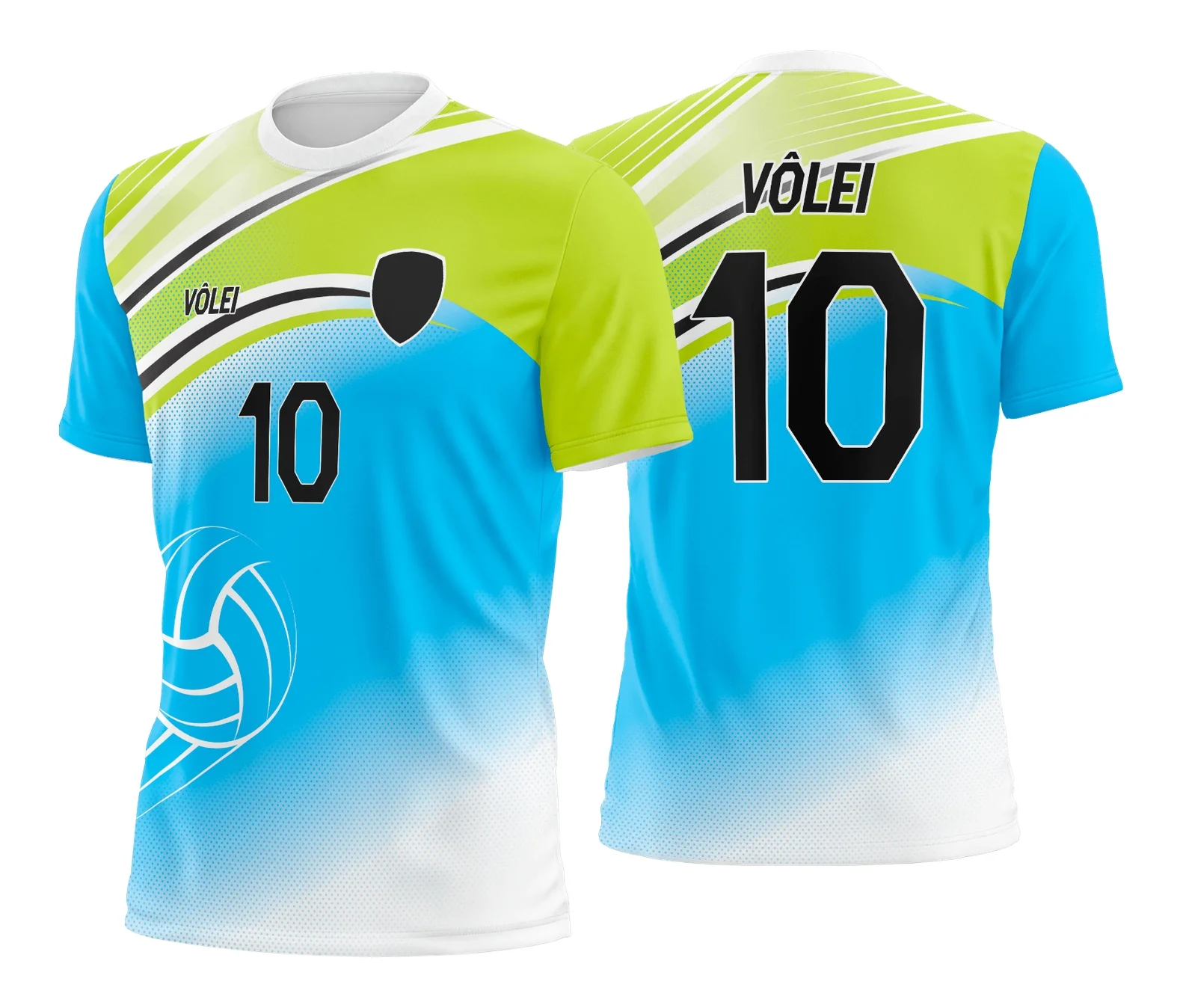 Camiseta unissex preta com logo no peito e estampa grande nas costas mostrando design moderno e vibrante inspirado em camisa de vôlei.