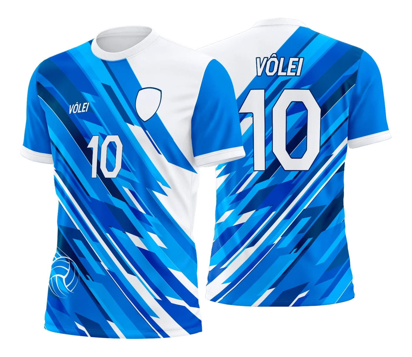 Camiseta unissex preta com logo no peito e estampa grande nas costas personalizada para fãs e jogadores de vôlei, design moderno e vibrante com símbolos e temas do vôlei.