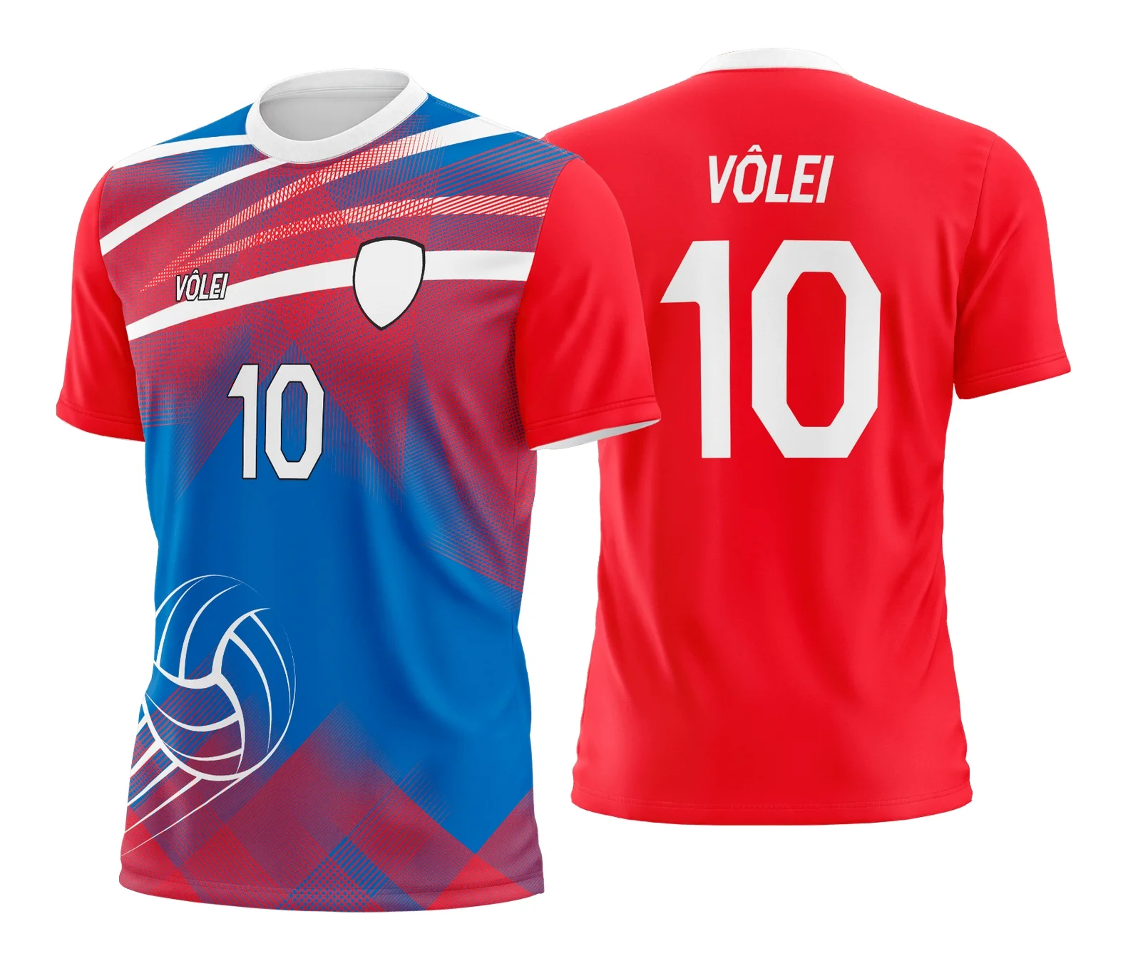 Camiseta unissex branca com logo no peito e estampa grande nas costas mostrando design vibrante relacionado a camisa de vôlei.