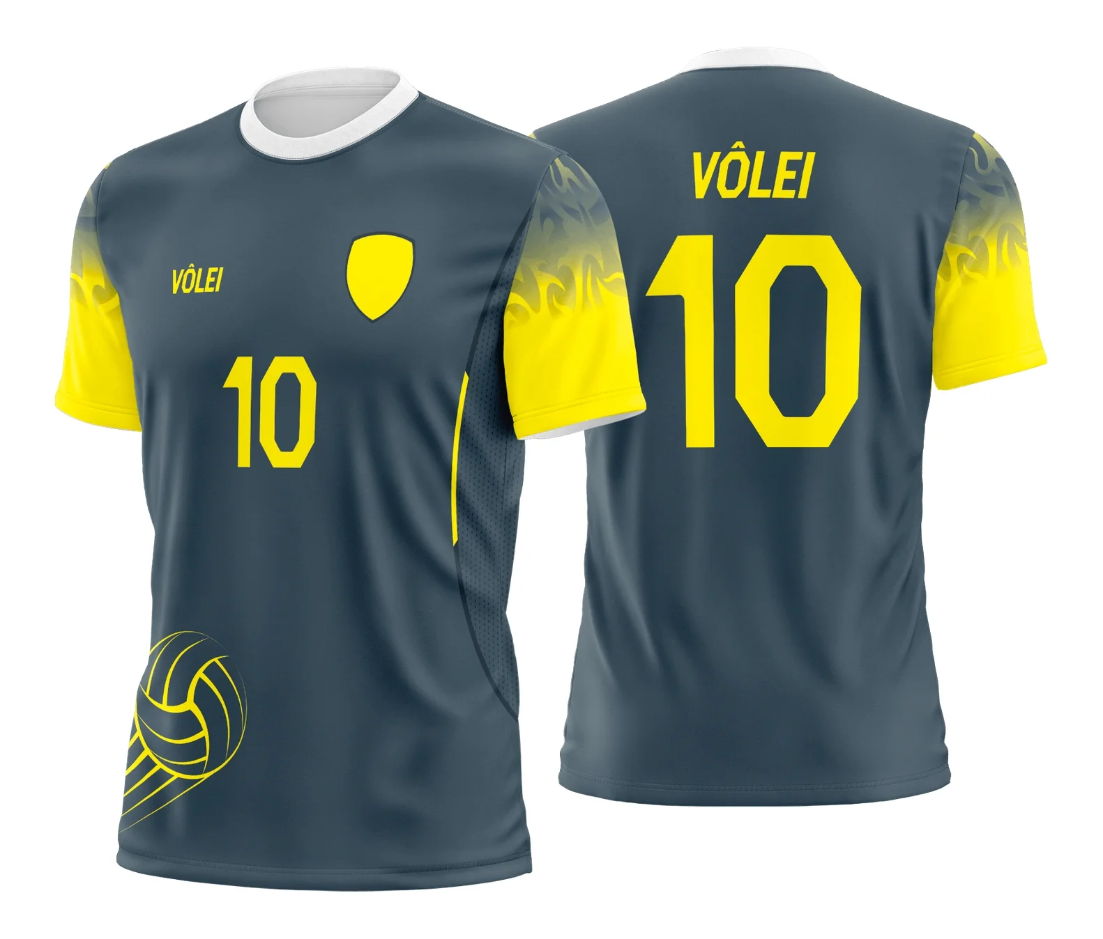 Camiseta unissex preta com logo no peito e estampa grande nas costas sobre o tema Camisa de Vôlei, design moderno e esportivo, ideal para fãs do esporte.