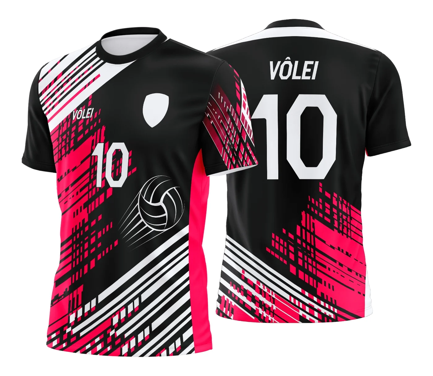 Camiseta unissex branca com logo no peito e estampa grande nas costas com tema de camisa de vôlei, mostrando estilo esportivo e moderno.