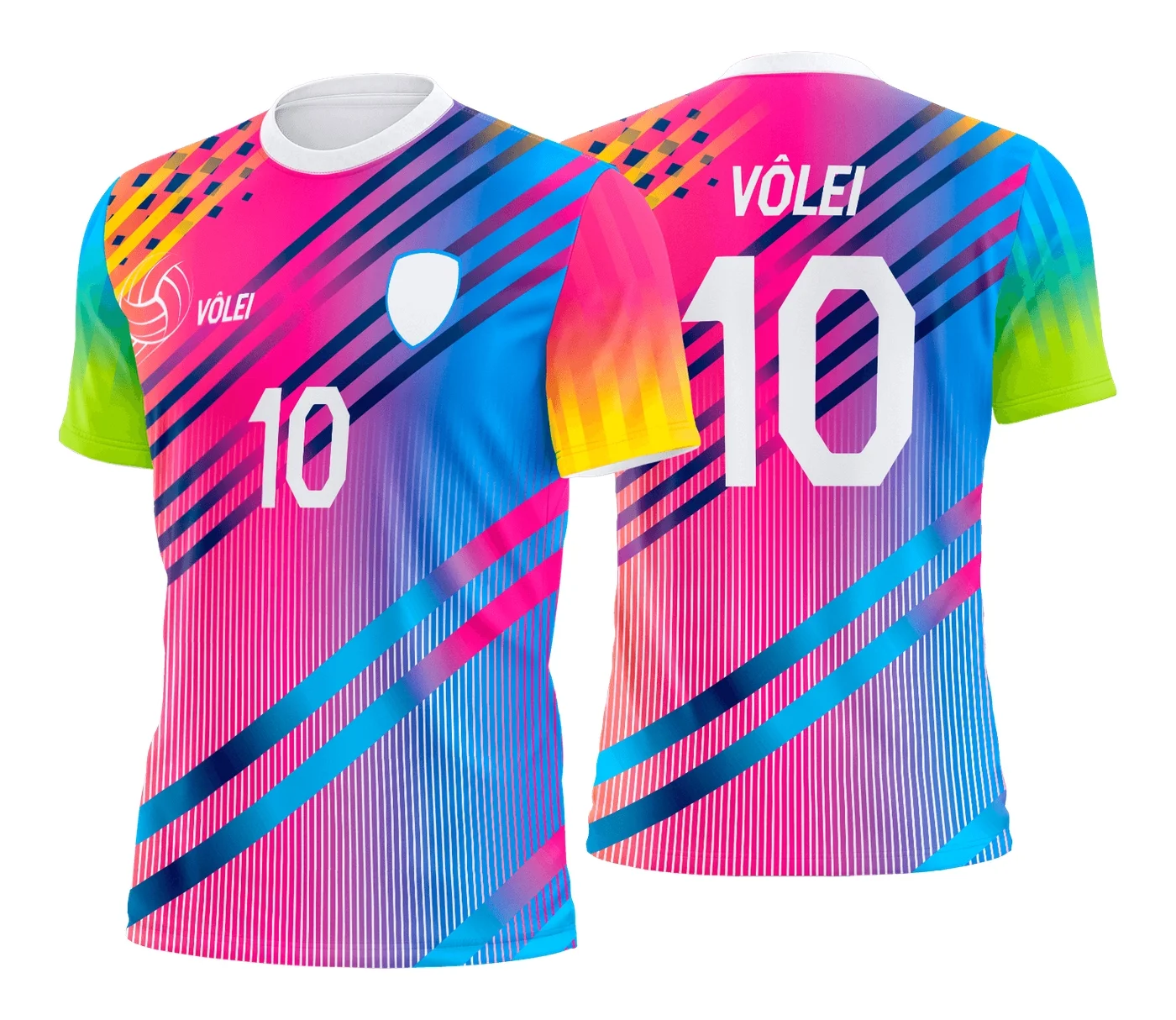 Camiseta unissex preta com logo no peito e estampa grande nas costas, tema camisa de vôlei, design moderno e esportivo.