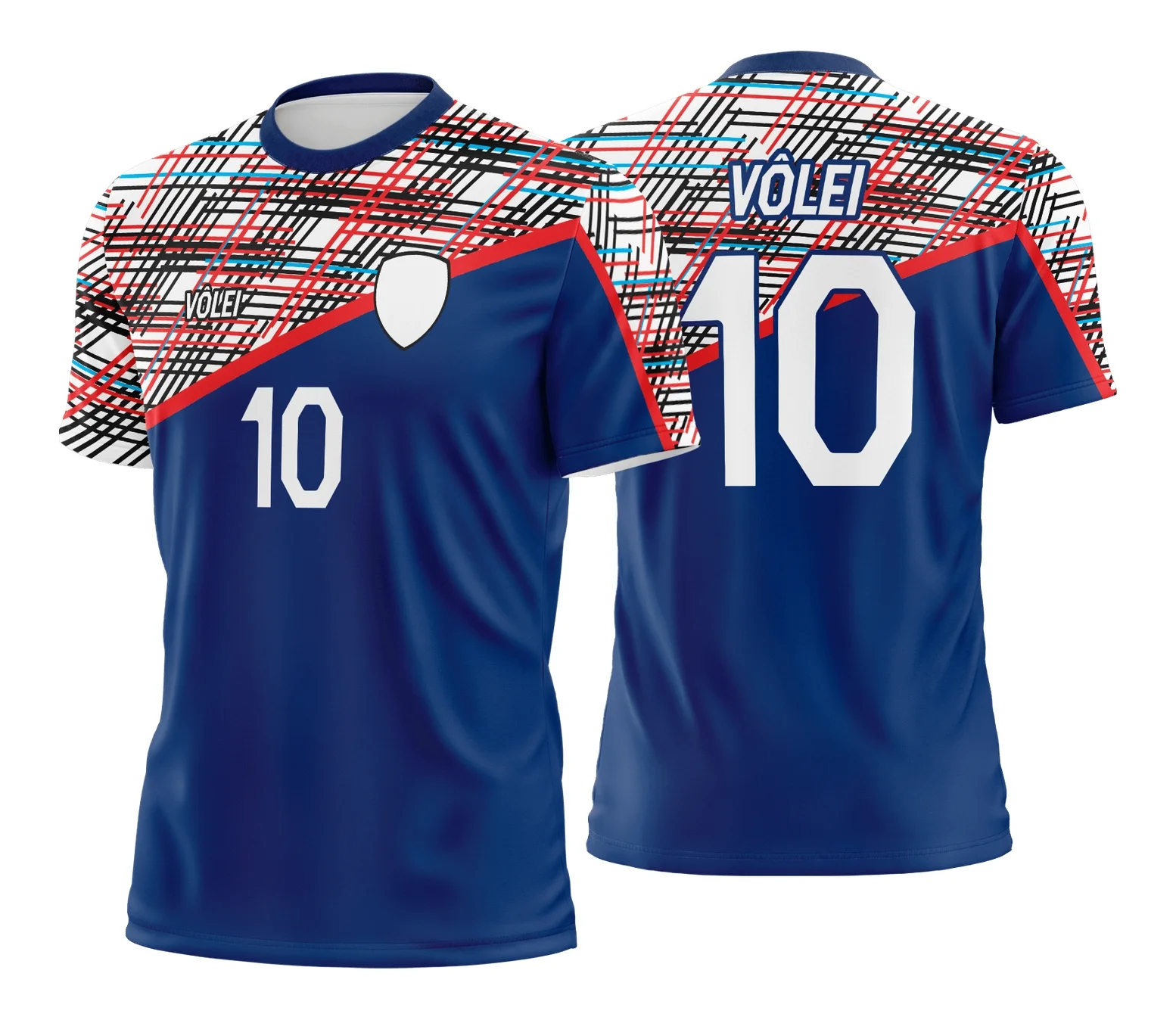 Camiseta unissex branca com logo no peito e estampa grande nas costas sobre tema de camisa de vôlei, ideal para fãs do esporte, com design moderno e marcante.