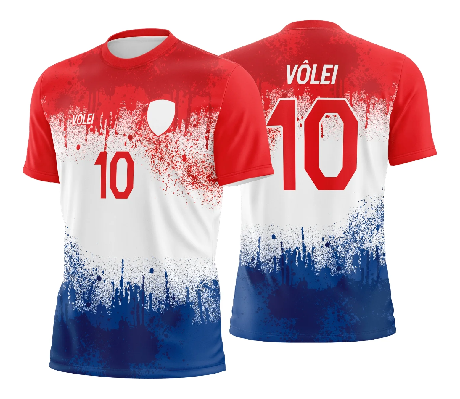 Camiseta unissex branca com logo no peito e estampa grande nas costas com tema de camisa de vôlei, design esportivo e vibrante para amantes do esporte.