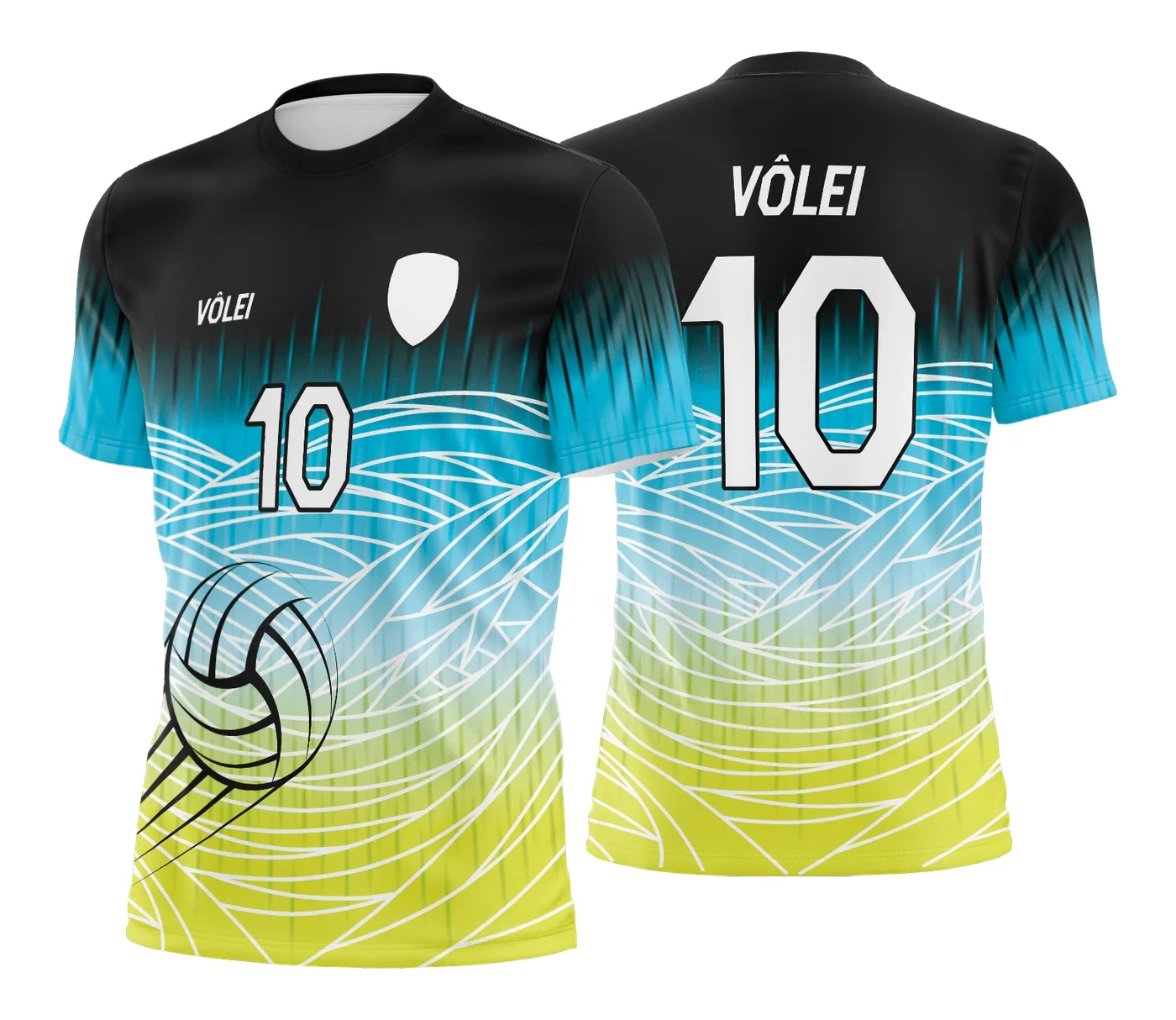 Camiseta unissex preta com logo no peito e estampa grande nas costas inspirada em camisa de vôlei, ideal para fãs e atletas do esporte.