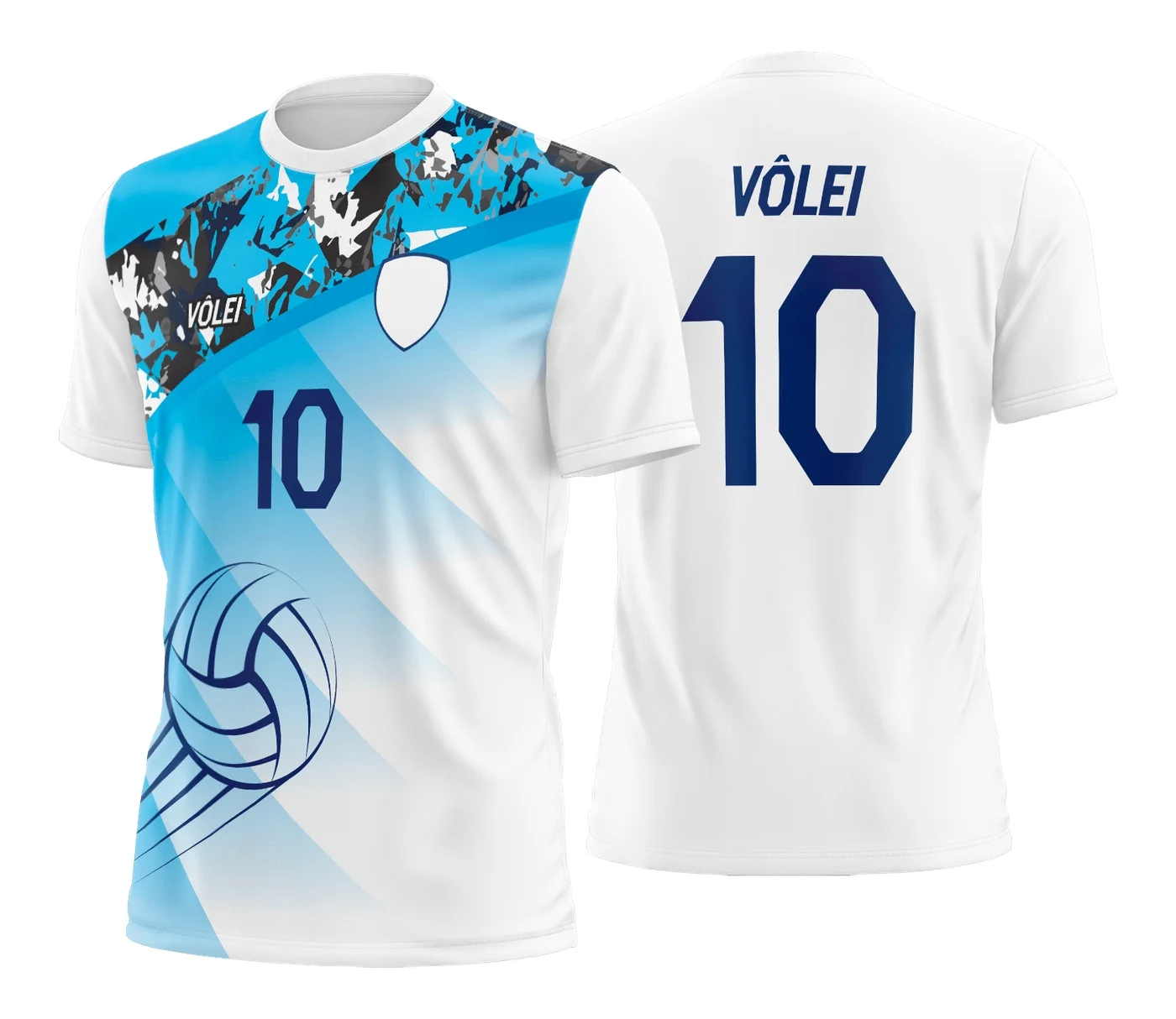 Camiseta unissex preta com logo no peito e estampa grande nas costas com tema de camisa de vôlei, perfeita para amantes do esporte.