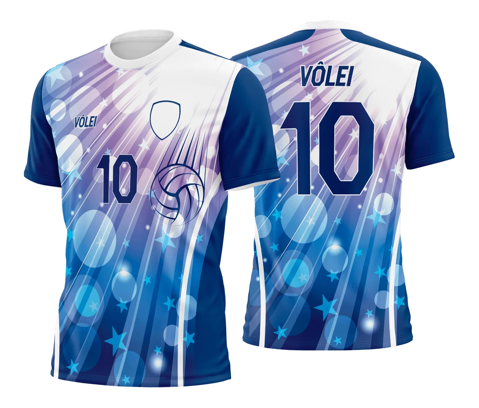 Camiseta unissex preta com logo no peito e estampa grande nas costas com tema de camisa de vôlei.