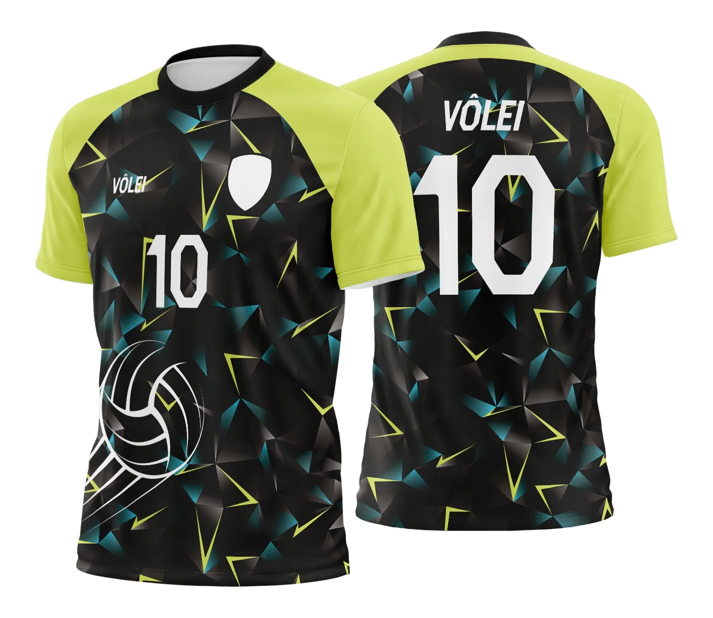 Camiseta unissex preta com logo no peito e estampa grande nas costas com tema de camisa de vôlei, ideal para jogos e eventos esportivos.