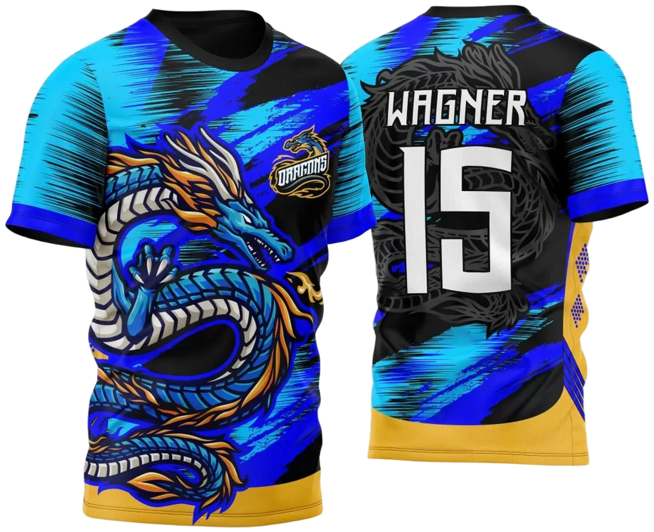 Camiseta unissex preta com logo no peito e estampa grande nas costas mostrando um dragão imponente, perfeito para quem quer destacar a força da sua atlética.