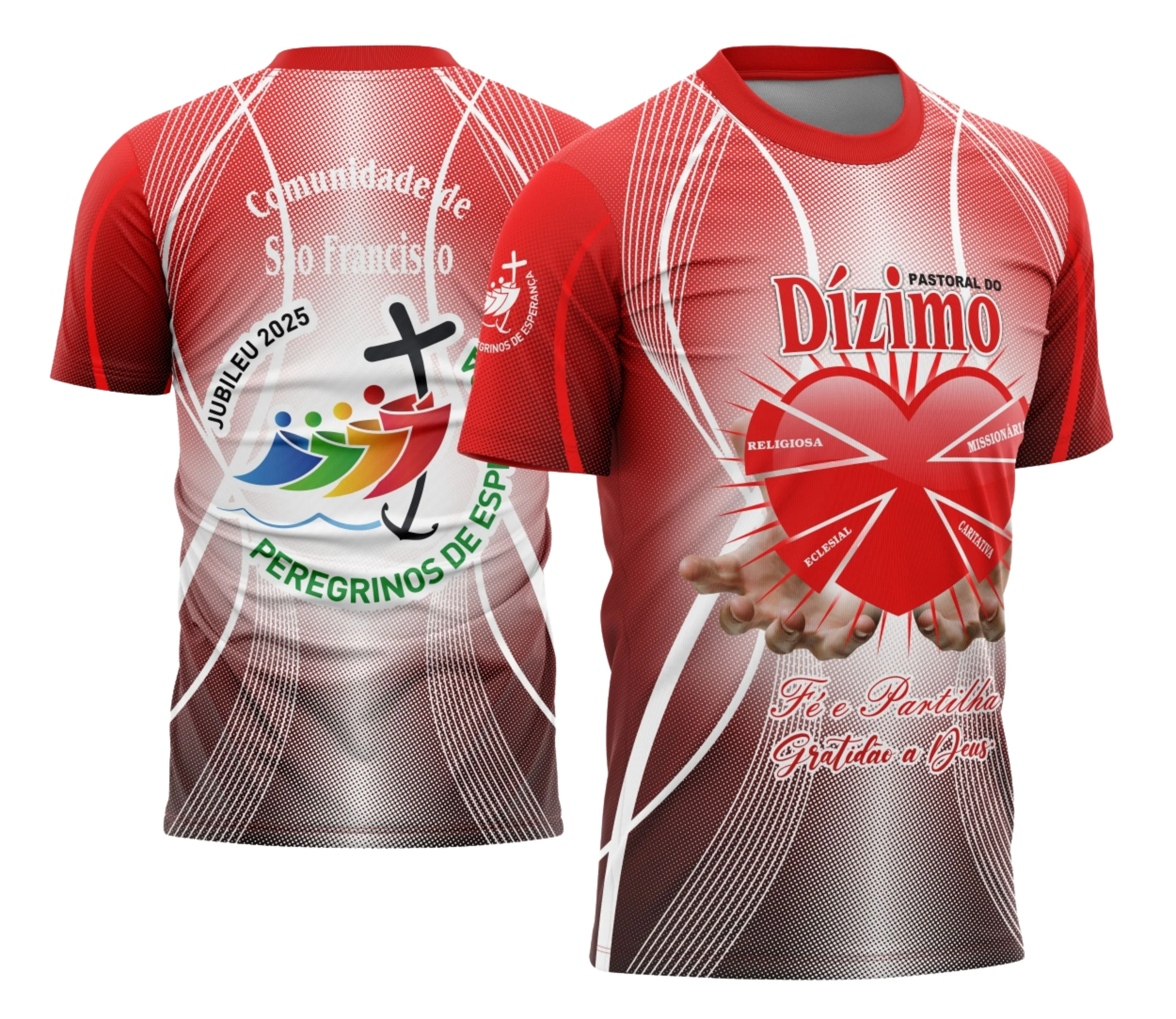 Camiseta unissex com cor base preta, logo no peito e estampa grande nas costas com tema Dízimo, ideal para eventos religiosos e encontros espirituais.