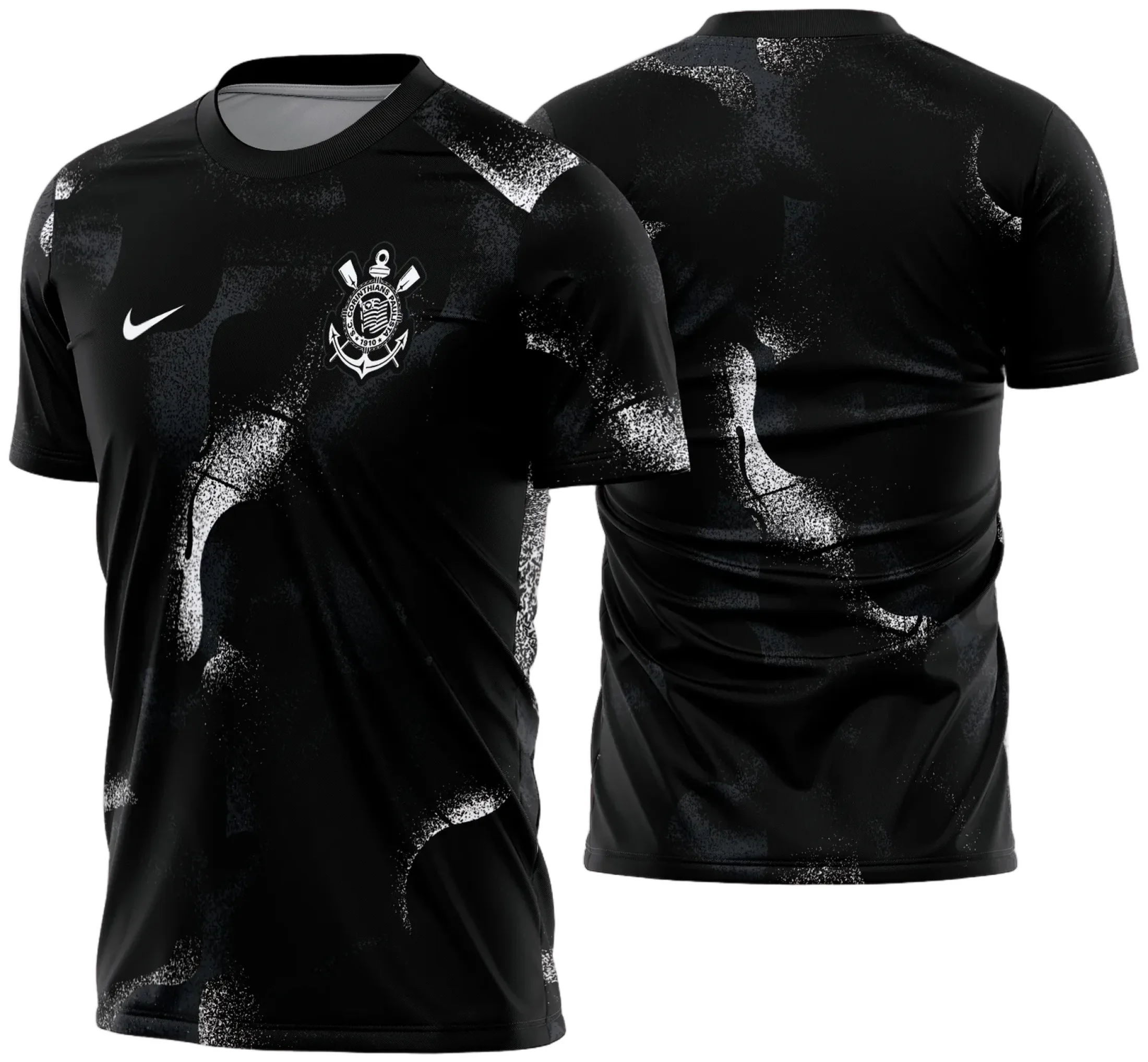 Camiseta preta unissex com logo do Corinthians no peito e estampa grande nas costas do modelo Pré-Jogo 2025 - 2026, ideal para torcedores que querem estilo e conforto.