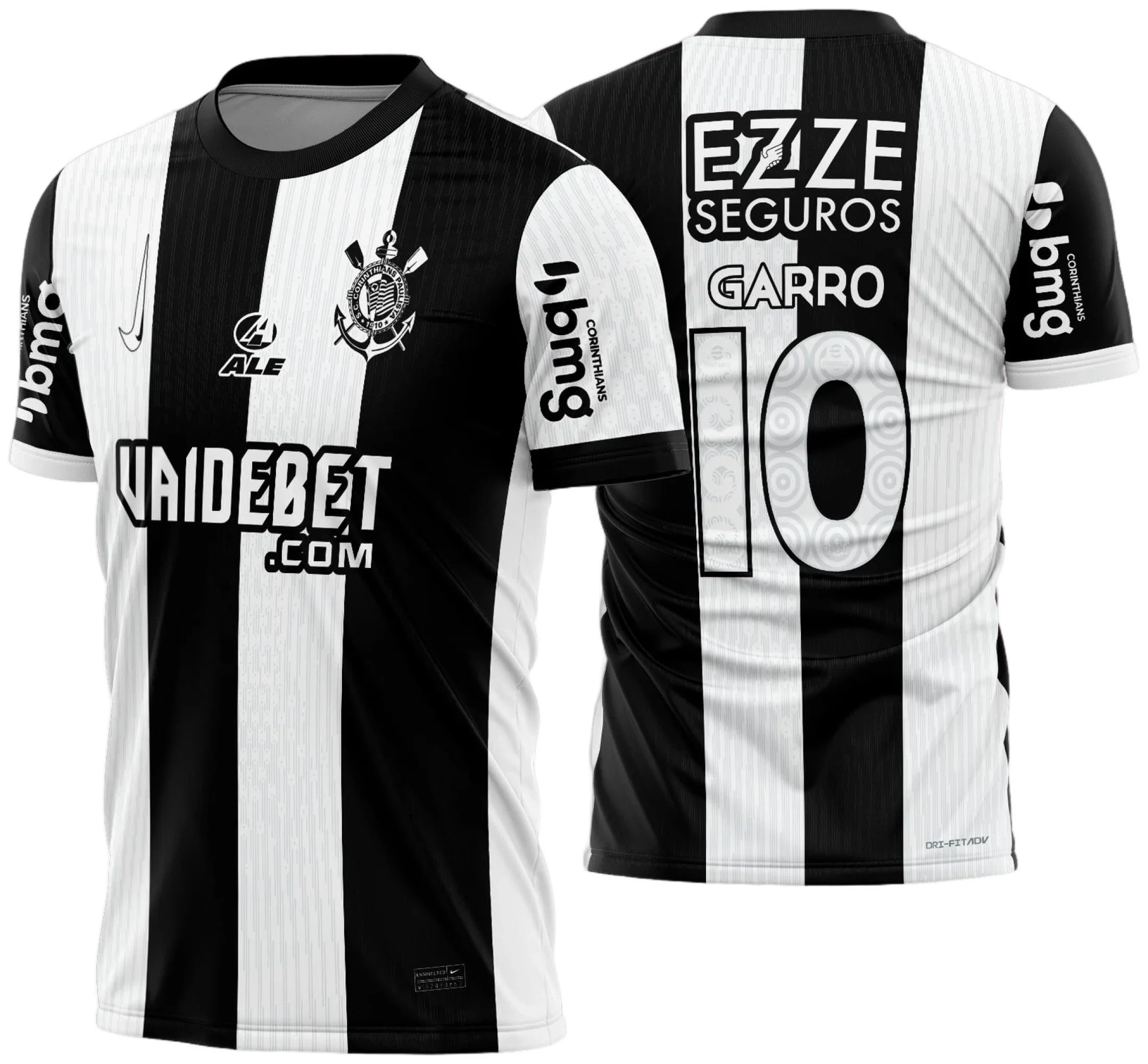 Camiseta unissex preta com logo no peito e estampa grande nas costas do Corinthians Terceira 2024 2025, estilo moderno e esportivo, perfeita para torcedores que buscam autenticidade e identidade.