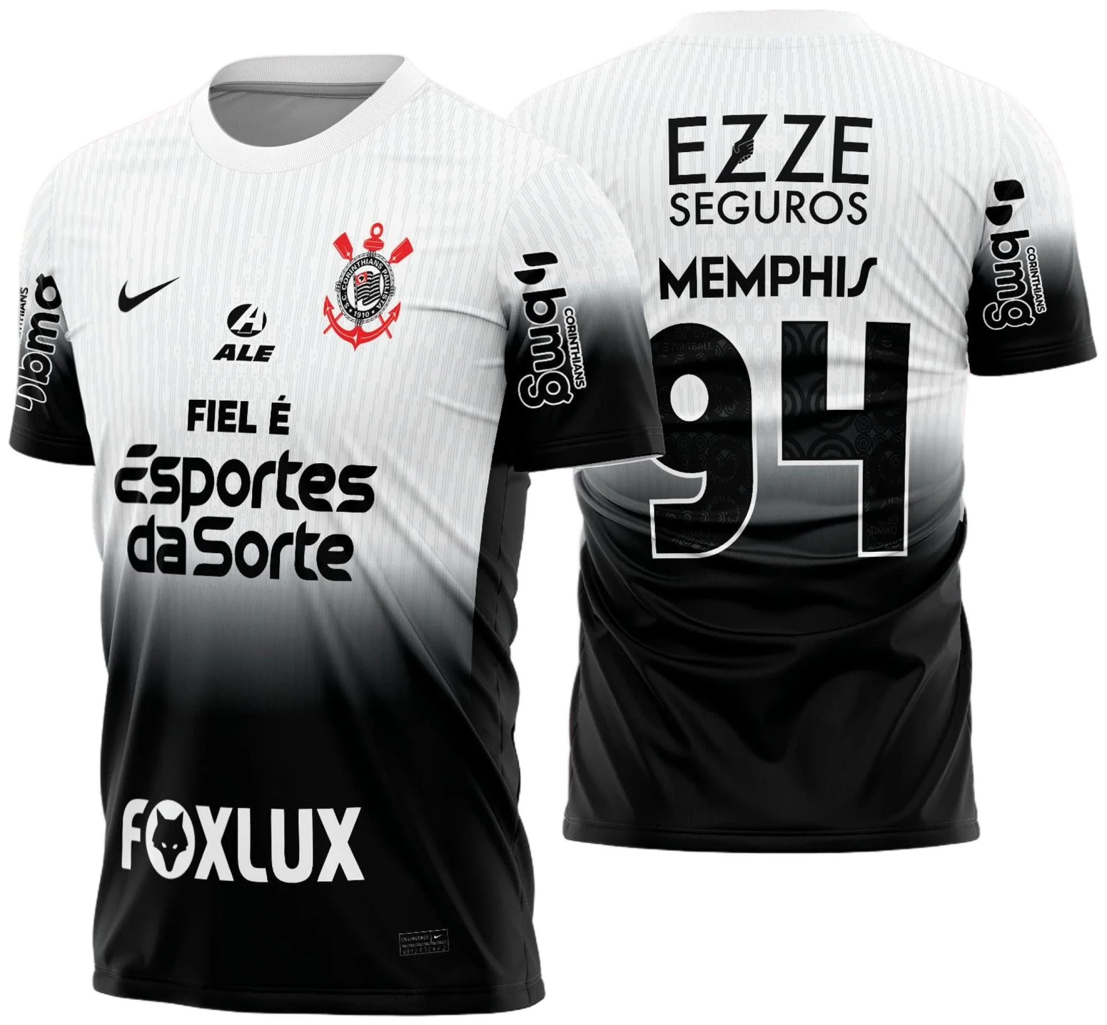 Camiseta preta unissex do Corinthians com logo no peito e estampa grande nas costas da camisa titular 2024 2025, ideal para torcedores mostrarem paixão pelo time.