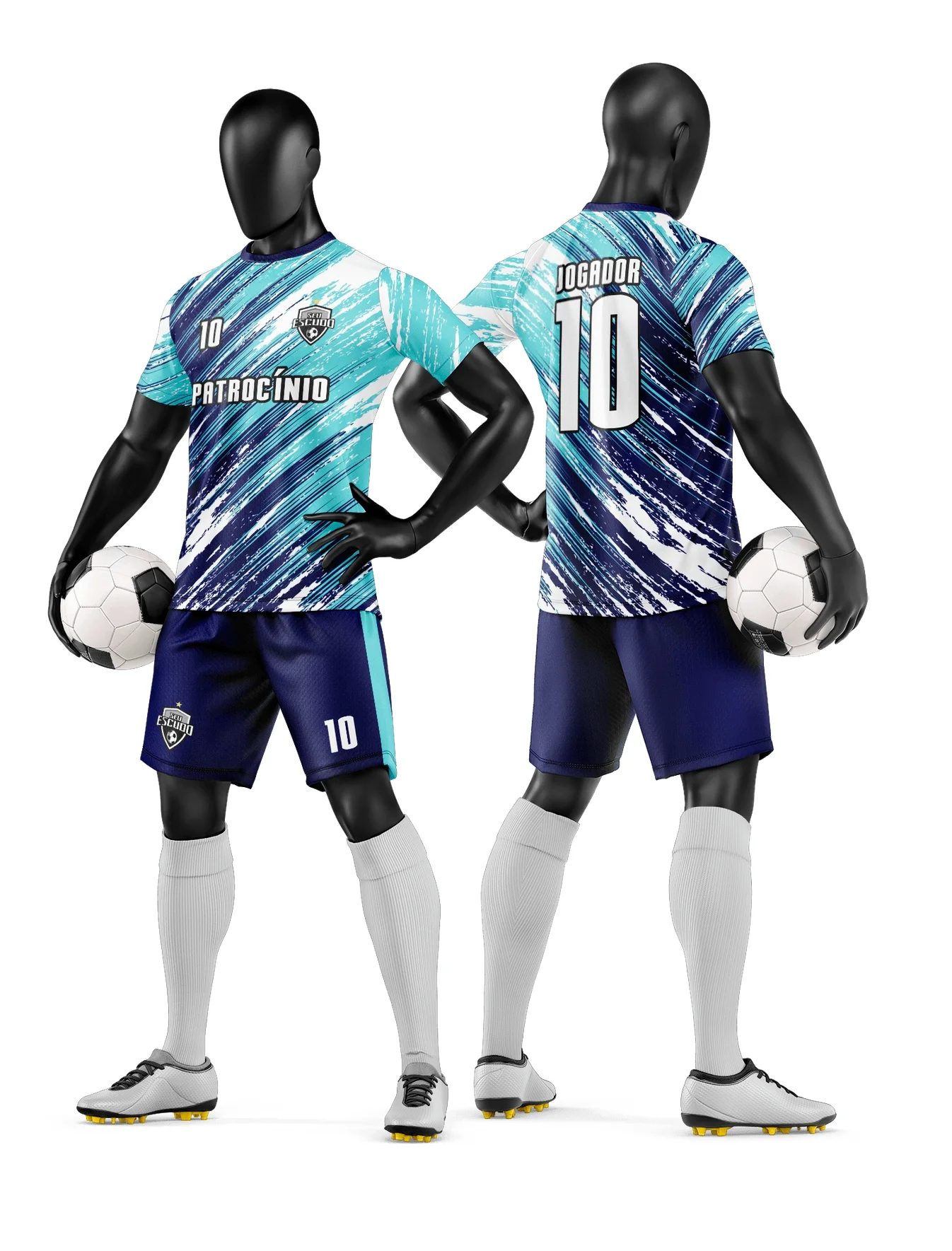 Camiseta unissex preta com logo no peito e estampa grande nas costas, estilo time de futebol amador, ideal para uniformes esportivos.