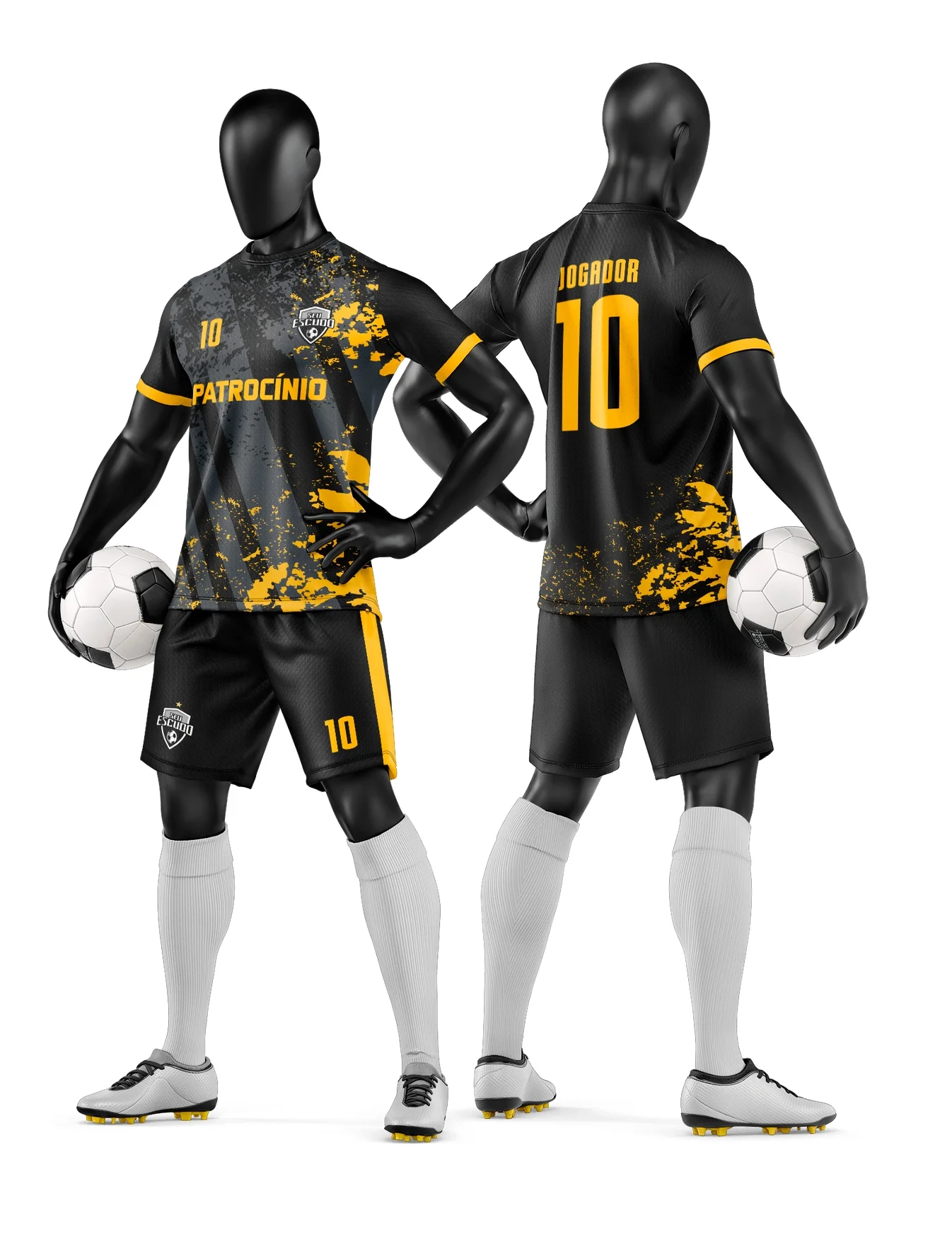 Foto de camiseta unissex branca com logo no peito e estampa grande nas costas, tema de camisa e short de time de futebol amador