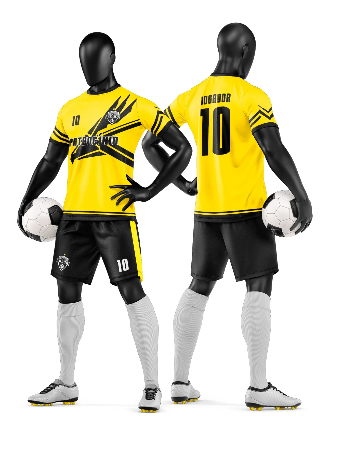 Camiseta unissex preta com logo no peito e estampa grande nas costas representando time de futebol amador, ideal para uniformes esportivos com design moderno e marcante.