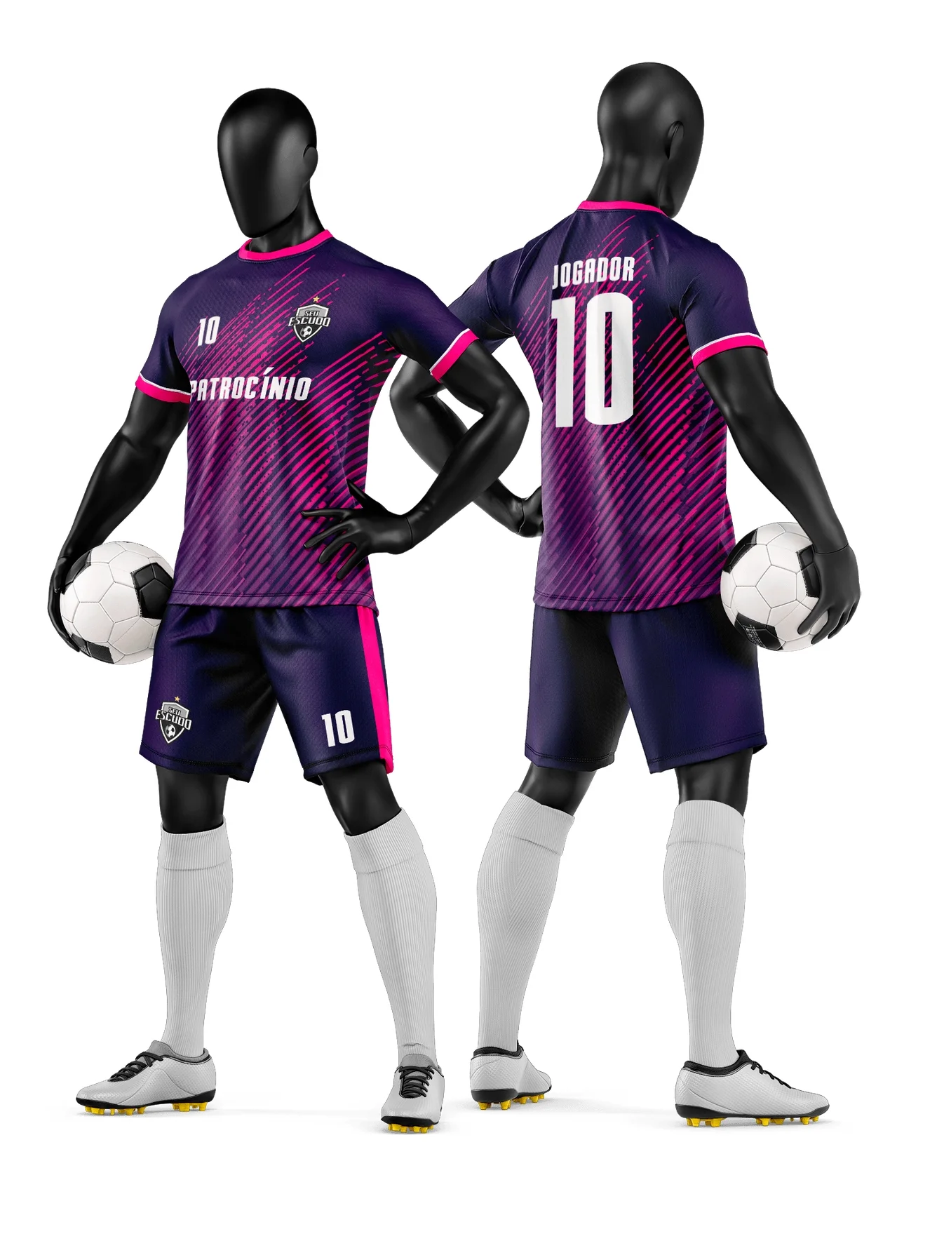 Camiseta unissex preta com logo no peito e estampa grande nas costas, mostrando design de camisa e short para time de futebol amador, perfeito para torcedores e jogadores.