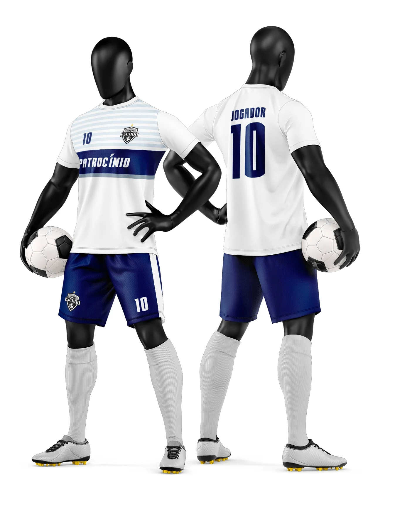 Camiseta unissex branca com logo no peito e estampa grande nas costas mostrando tema de camisa e short de time de futebol amador