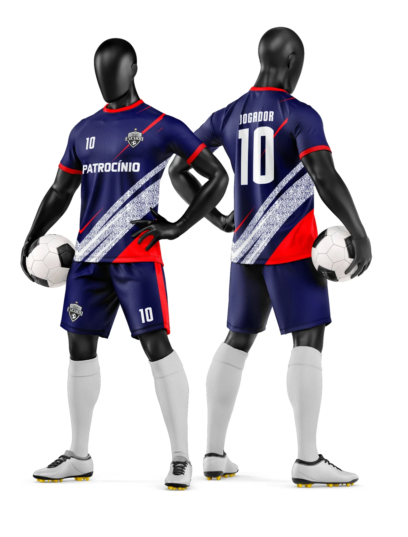 Camiseta unissex preta com logo no peito e estampa grande nas costas, tema camisa e short de time de futebol amador, ideal para jogadores e torcedores em jogos locais