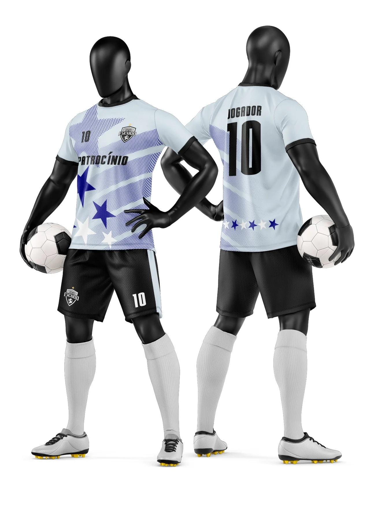 Camiseta unissex branca com logo no peito e estampa grande nas costas, inspirado em time de futebol amador, combinando estilo e conforto para jogos e treinamentos.