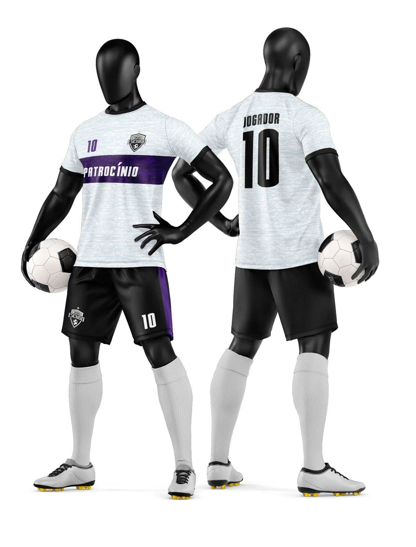 Camiseta unissex preta com logo no peito e estampa grande nas costas, tema camisa e short de time de futebol amador, ideal para torcedores e equipes locais.