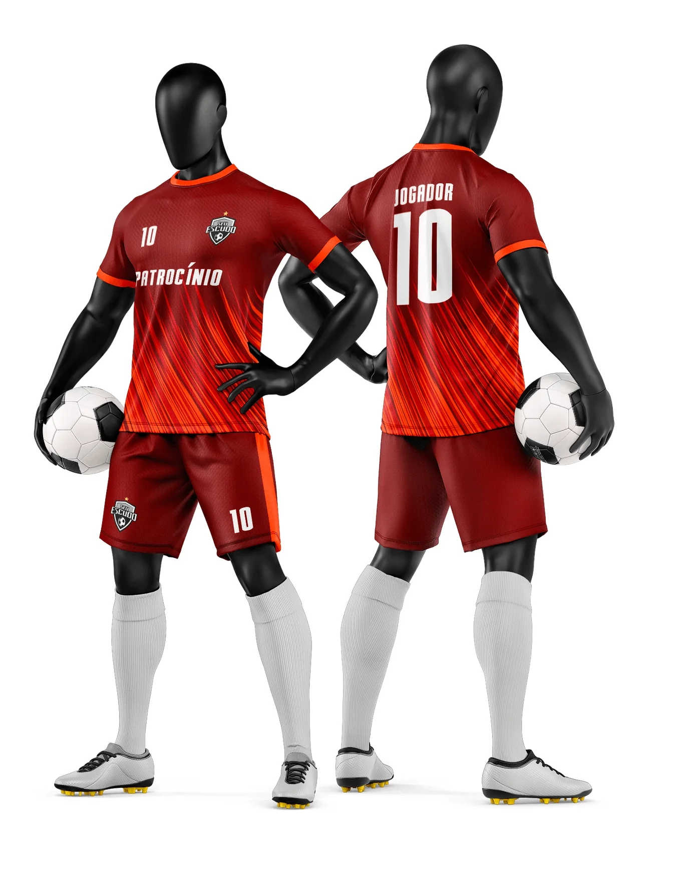 Camiseta unissex preta com logo no peito e estampa grande nas costas, mostrando design exclusivo de camisa e short de time de futebol amador.