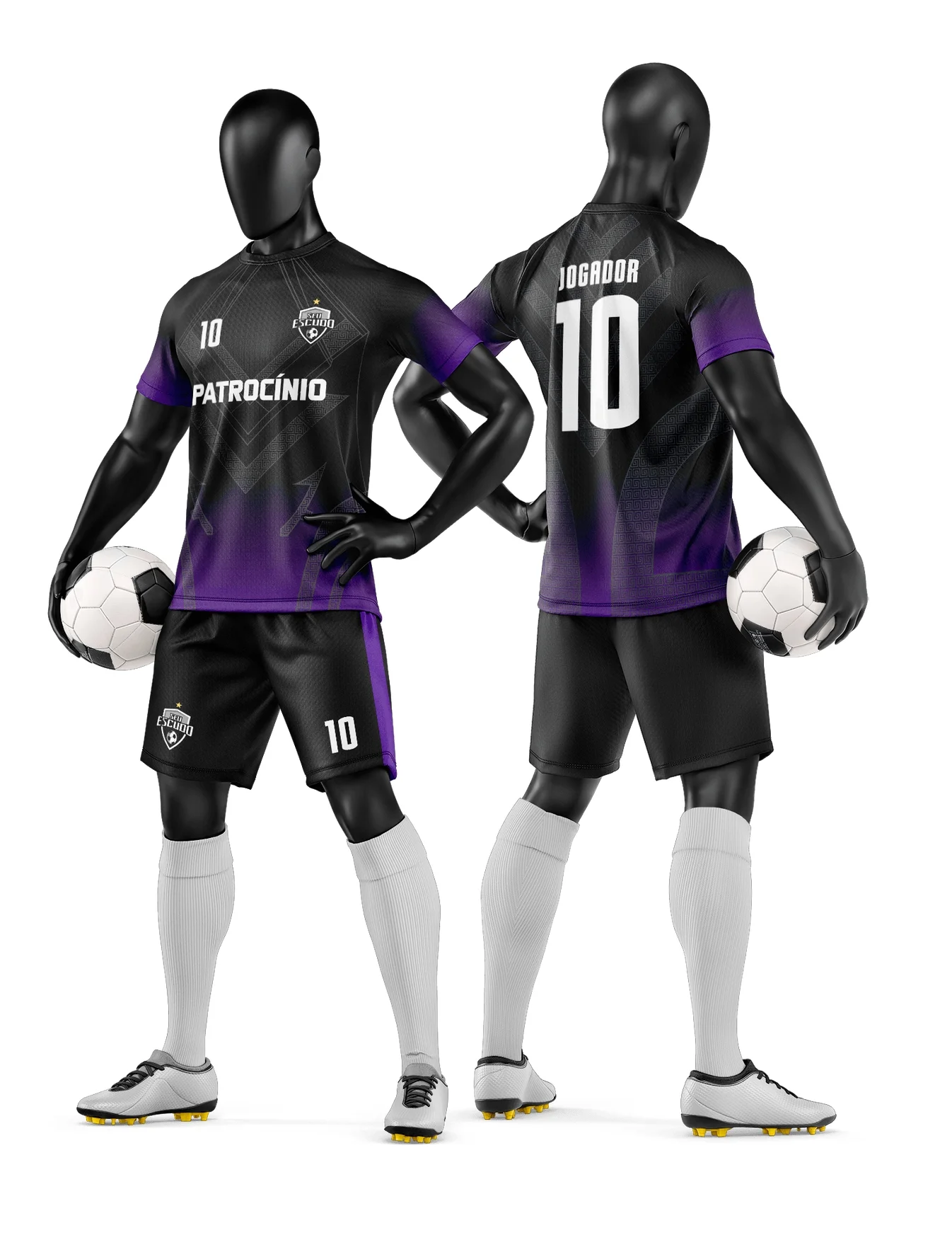 Camiseta unissex branca com logo no peito e estampa grande nas costas, tema camisa e short de time de futebol amador, ideal para jogadores amadores buscando design moderno.