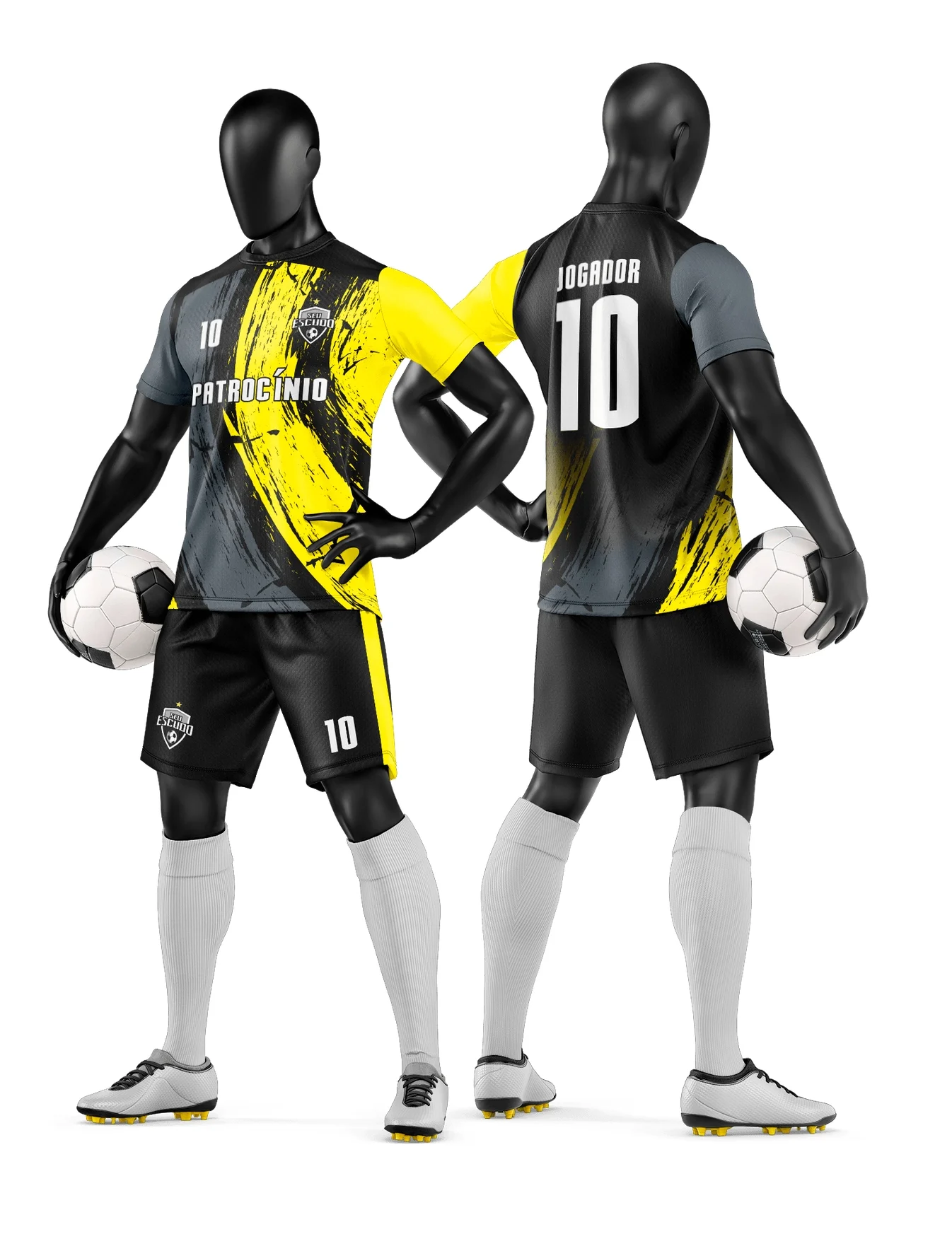 Camiseta unissex preta com logo no peito e estampa grande nas costas destacando time de futebol amador, ideal para prática e torcida.