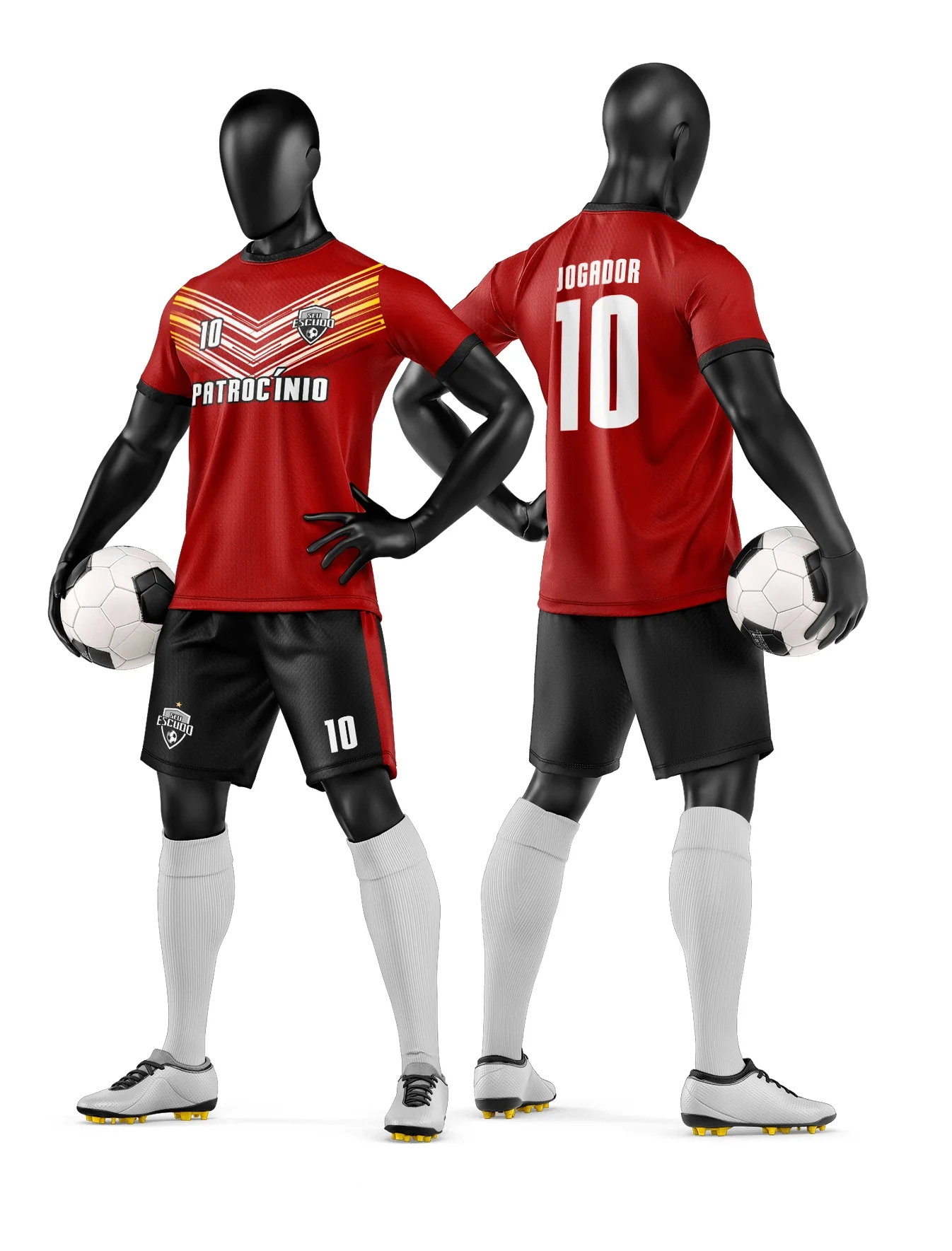 Camiseta unissex preta com logo no peito e estampa grande nas costas, tema de camisa e short de time de futebol amador, visual moderno e esportivo