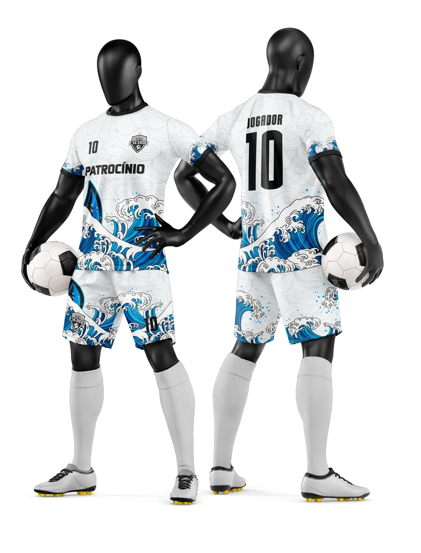 Camiseta unissex preta com logo no peito e estampa grande nas costas, representando time de futebol amador, ideal para uniformes esportivos com visual moderno e marcante