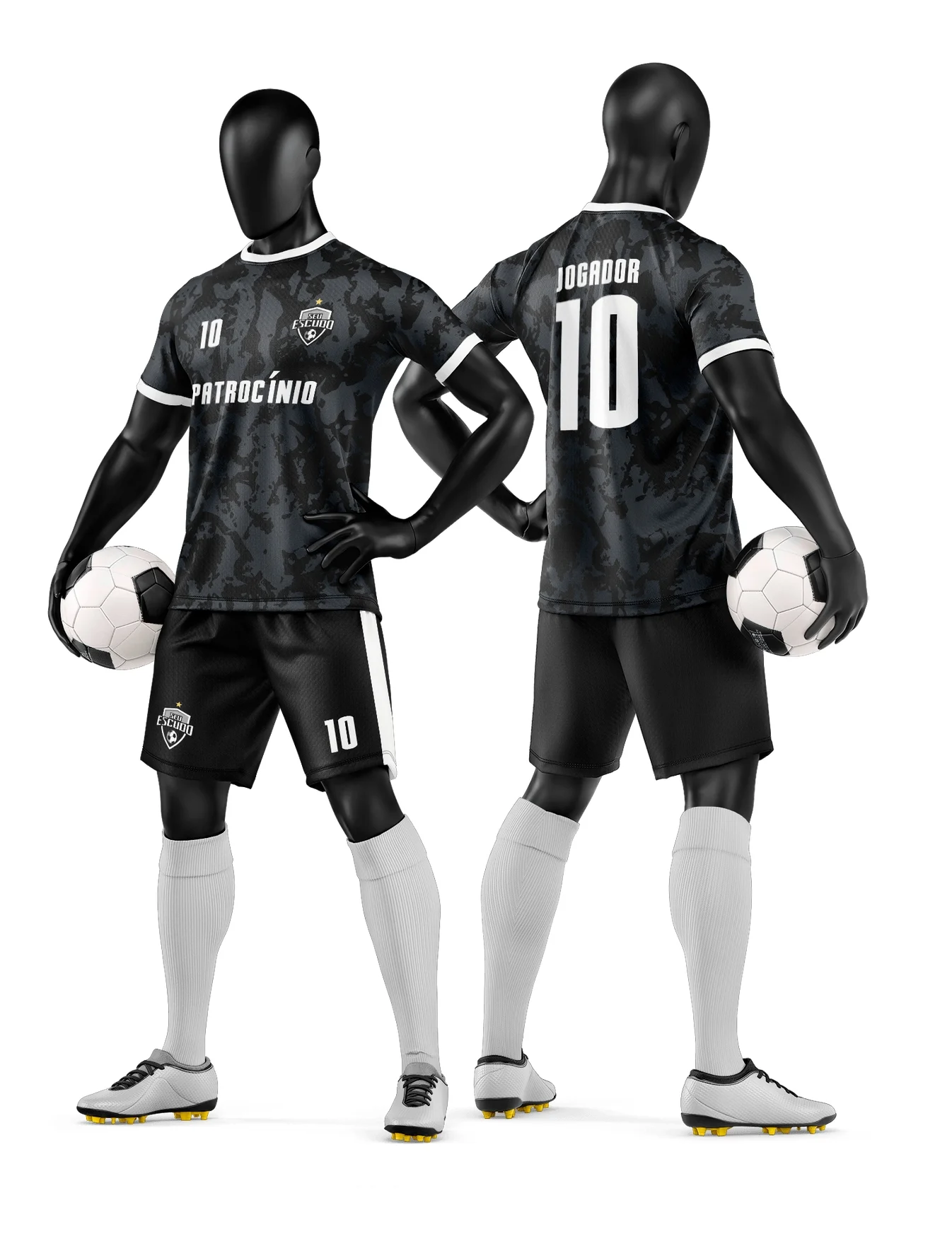 Camiseta preta unissex com logo no peito e estampa grande nas costas com tema de time de futebol amador, destacando estilo esportivo e uniforme completo.