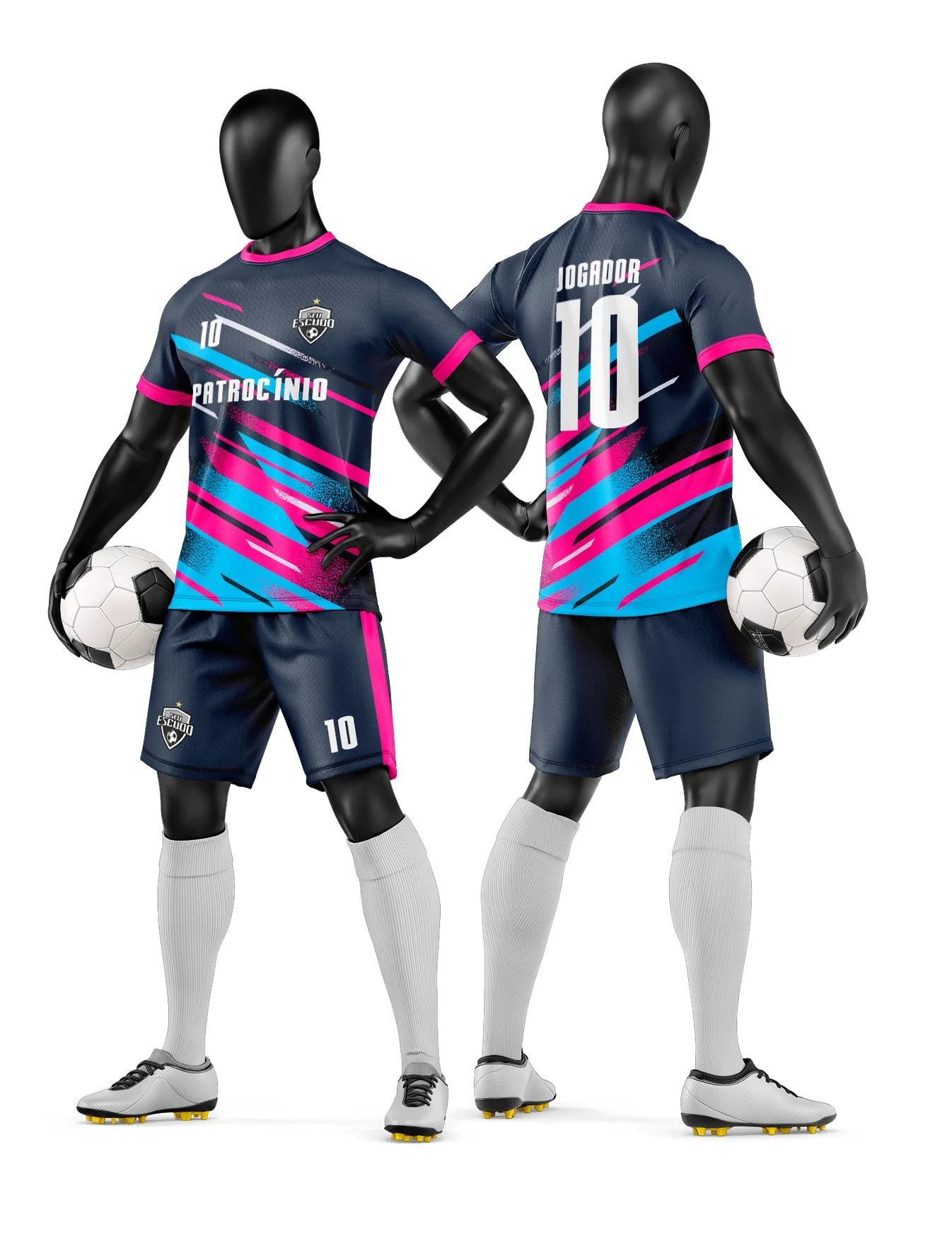 Camiseta unissex preta com logo no peito e estampa grande nas costas com design de time de futebol amador, estilo esportivo e moderno para torcida e jogadores.