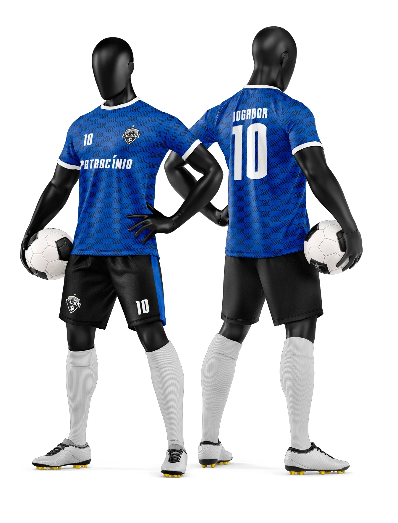 Camiseta unissex preta com logo no peito e estampa grande nas costas, tema camisa e short de time de futebol amador, ideal para expressar paixão pelo futebol local.