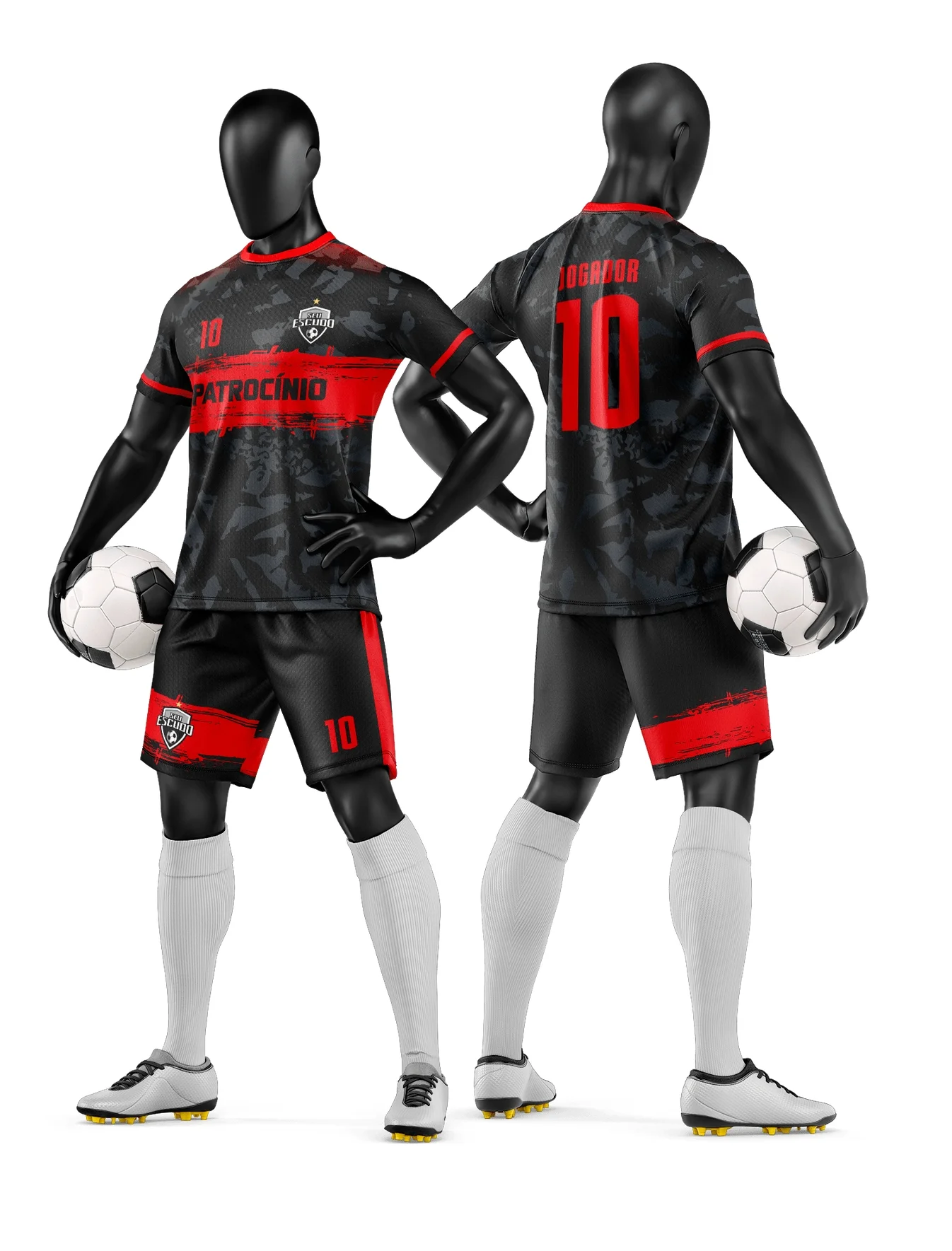 Camiseta unissex branca com logo no peito e estampa grande nas costas, tema camisa e short de time de futebol amador, visual moderno e esportivo ideal para jogadores e torcedores.