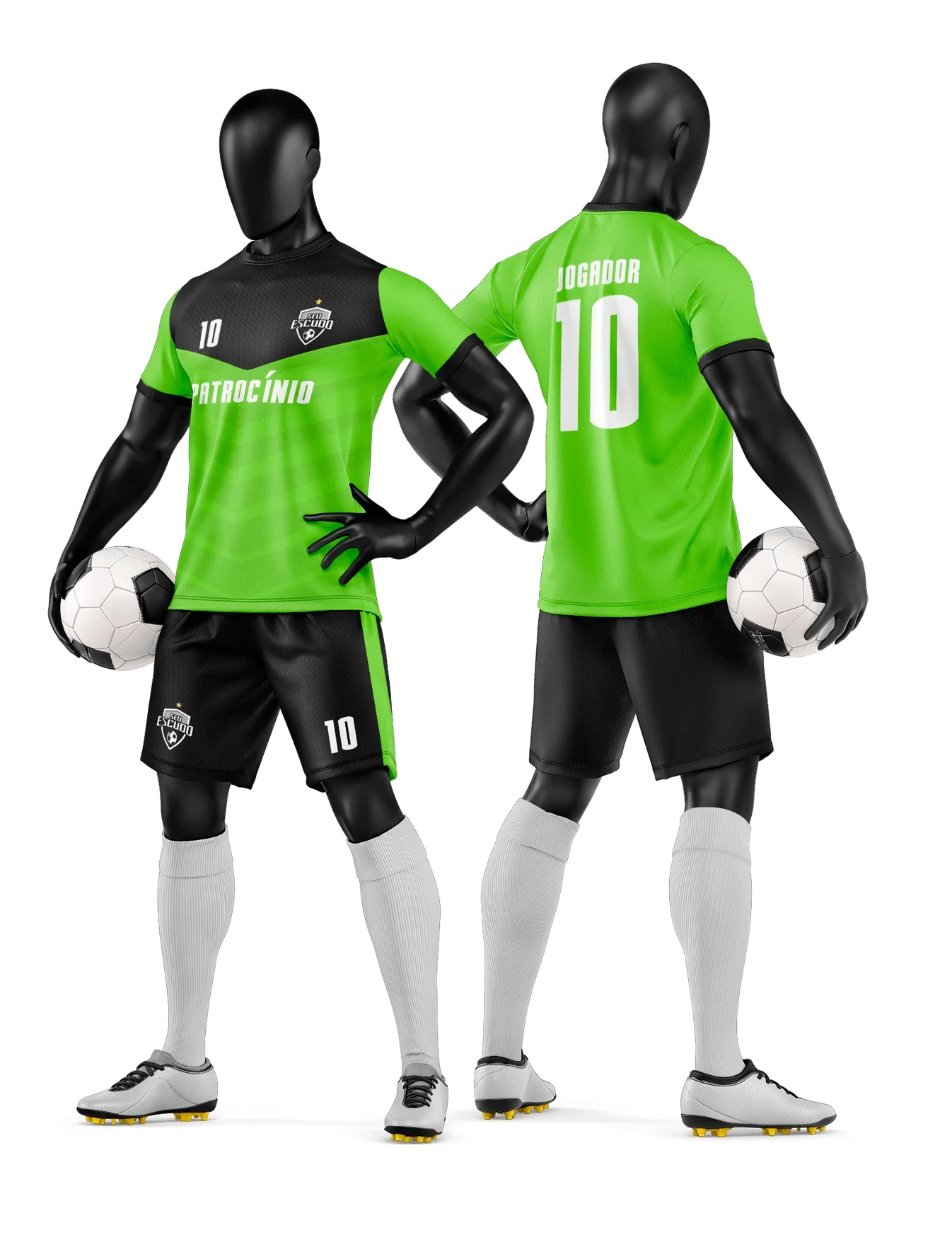 Camiseta unissex preta com logo no peito e estampa grande nas costas, estilo camisa e short de time de futebol amador, ideal para equipes amadoras ou eventos esportivos.