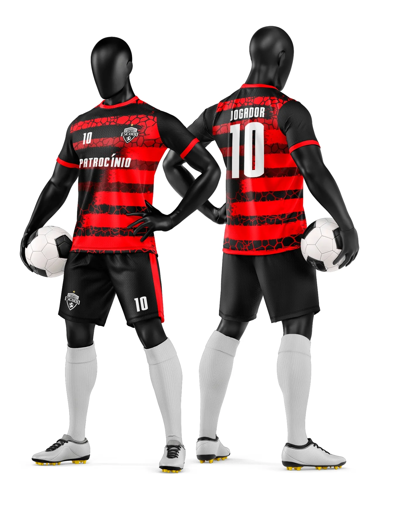 Camiseta unissex preta com logo no peito e estampa grande nas costas, tema de camisa e short de time de futebol amador, ideal para partidas e treinos.