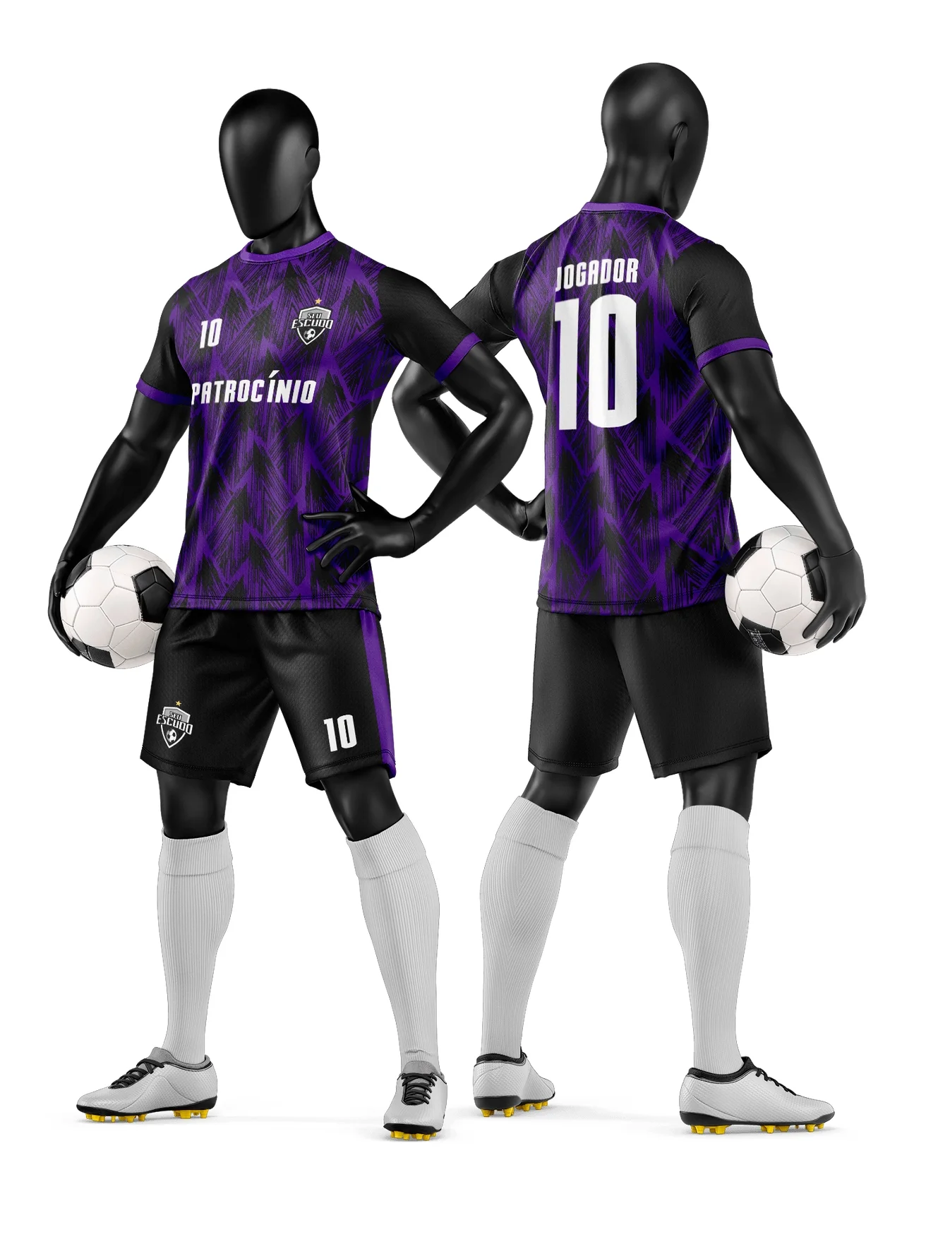 Foto de camiseta unissex preta com logo no peito e estampa grande nas costas com tema de time de futebol amador, ideal para uniformes esportivos e eventos de futebol.