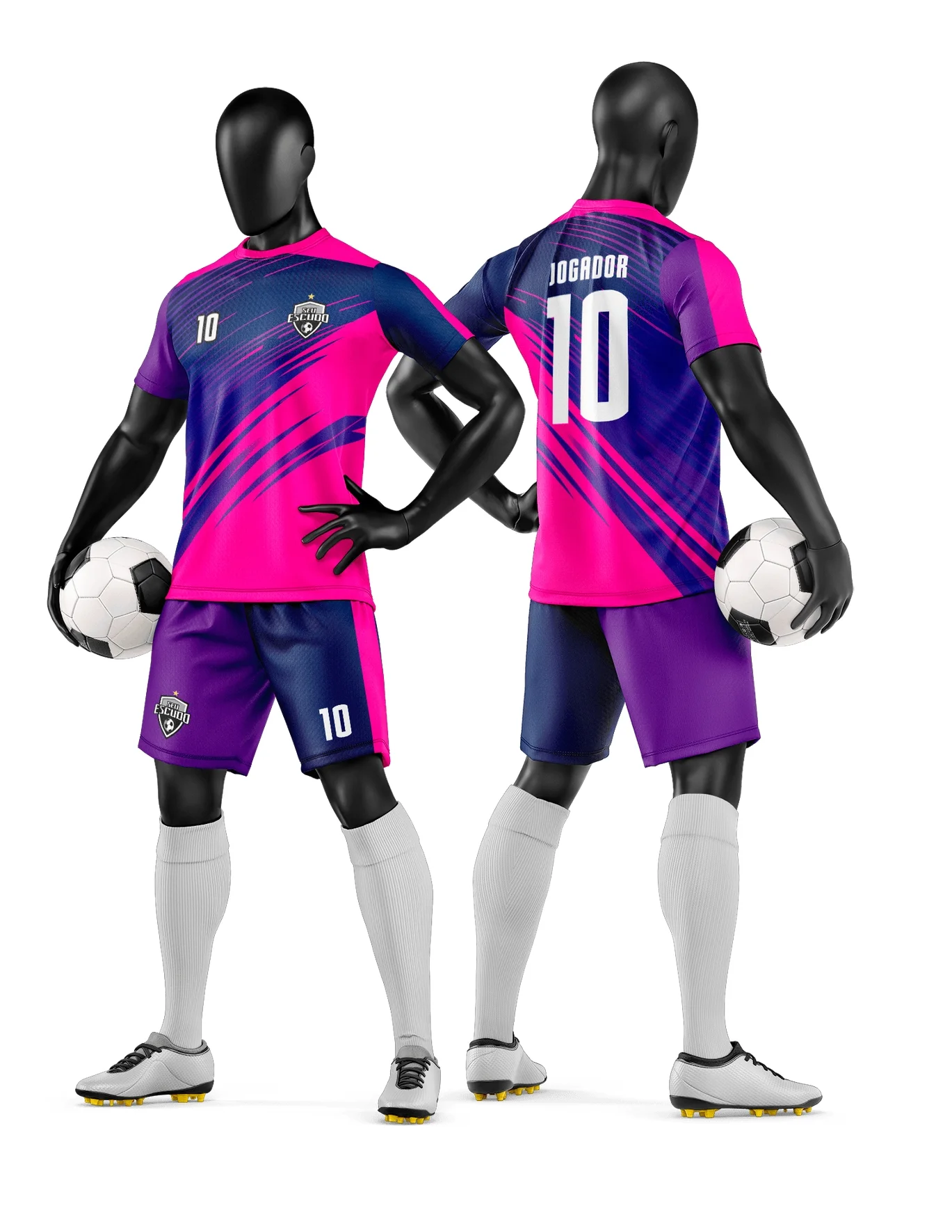 Camiseta unissex preta com logo no peito e estampa grande nas costas de camisa e short de time de futebol amador, com design moderno e esportivo.