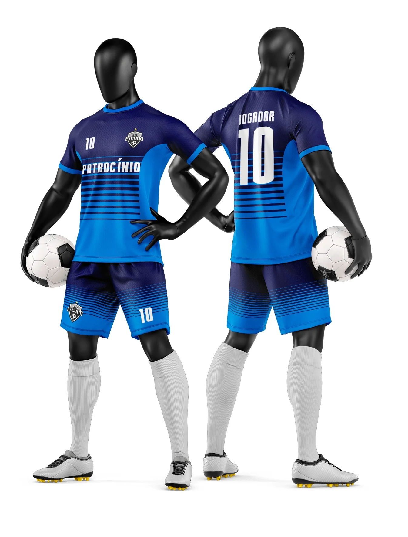 Foto de camiseta unissex preta com logo no peito e estampa grande nas costas, tema Camisa e Short de Time de Futebol Amador, ideal para jogos e eventos esportivos.