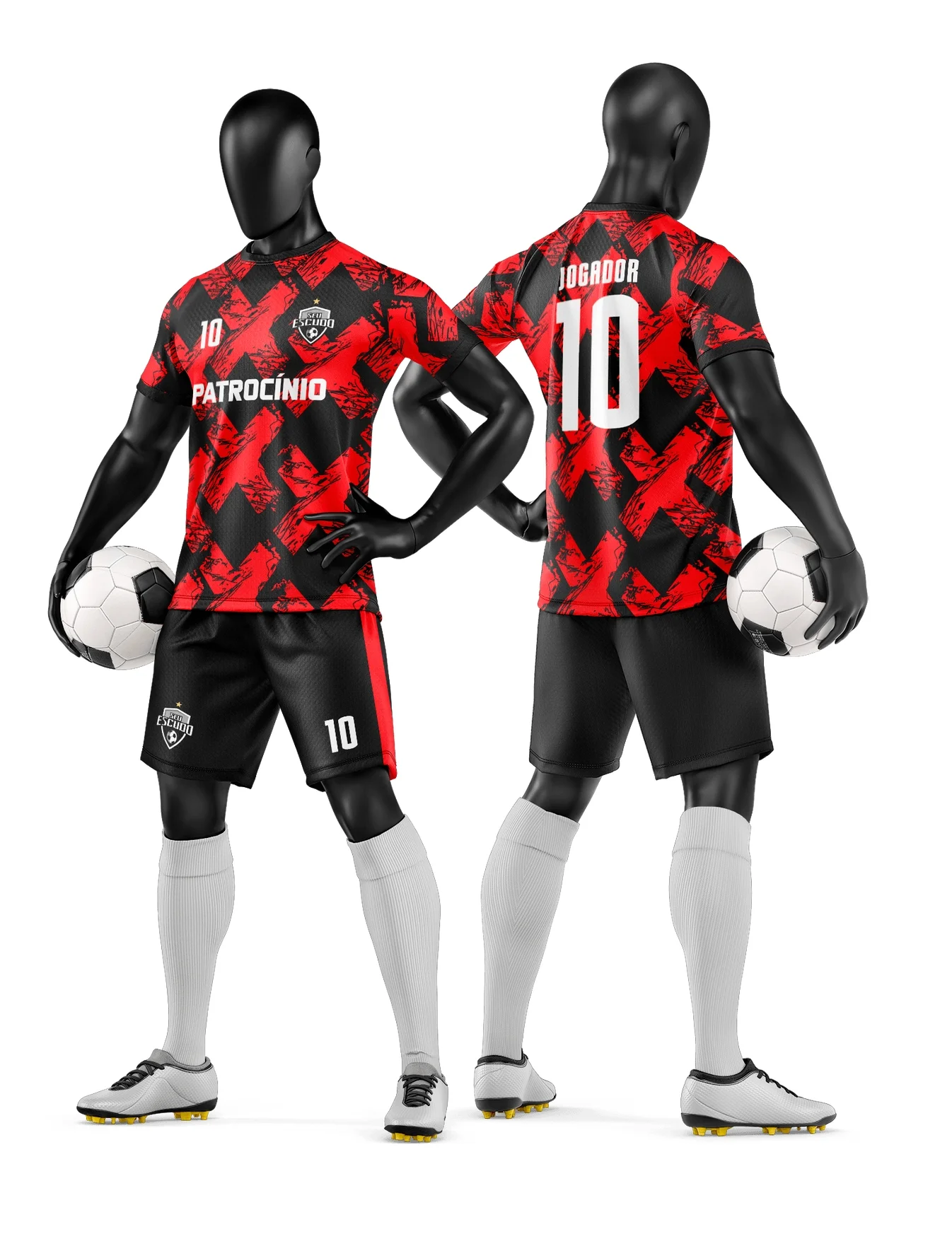 Camiseta unissex preta com logo no peito e estampa grande nas costas de time de futebol amador, ideal para jogos e treinos, com visual moderno e esportivo.