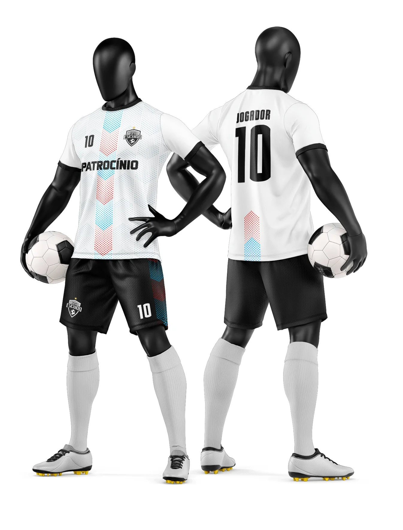 Camiseta unissex preta com logo no peito e estampa grande nas costas, inspirada em time de futebol amador para uso em jogos e treinos