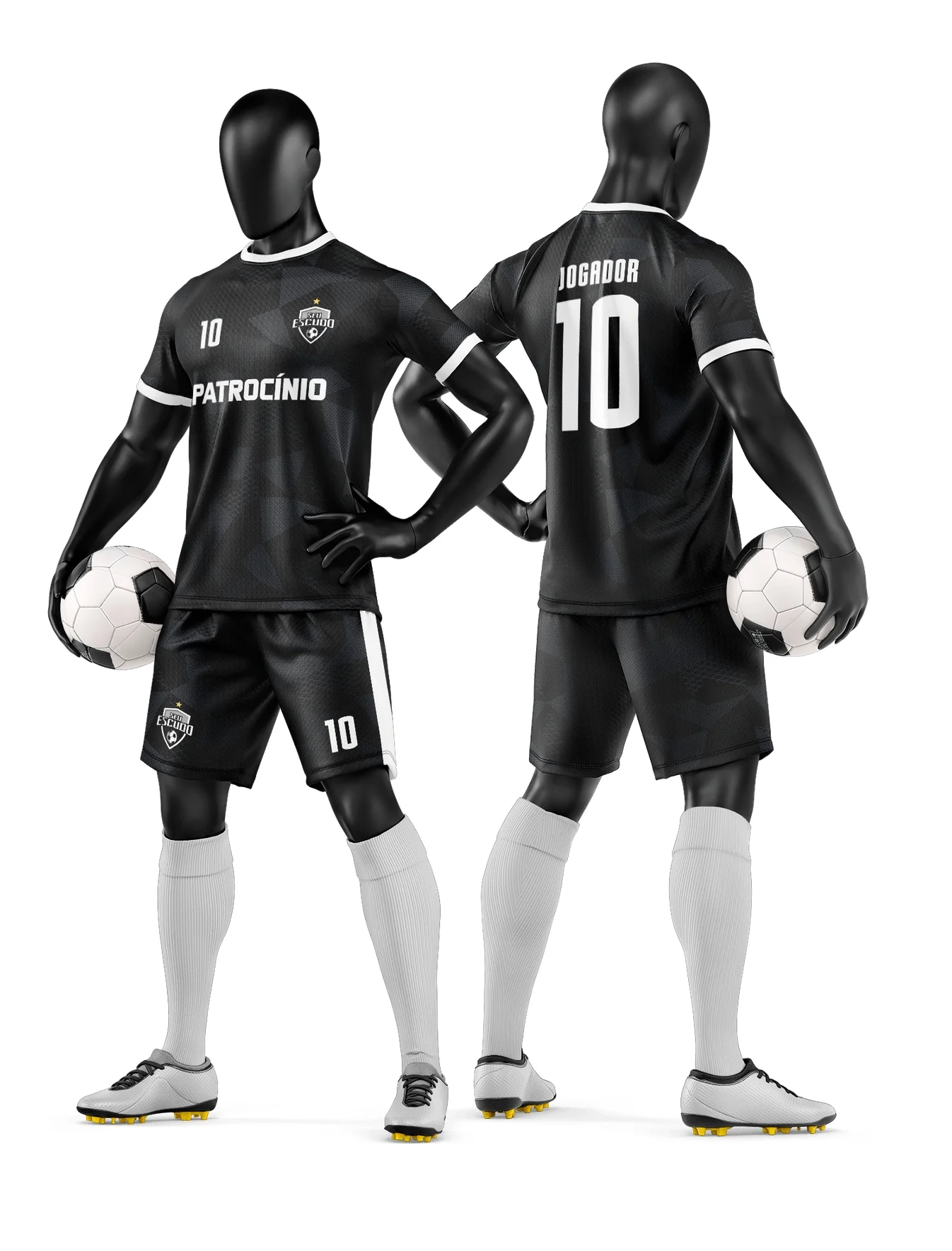 Camiseta unissex branca com logo no peito e estampa grande nas costas, tema Camisa e Short de Time de Futebol Amador, ideal para times amadores e eventos esportivos.