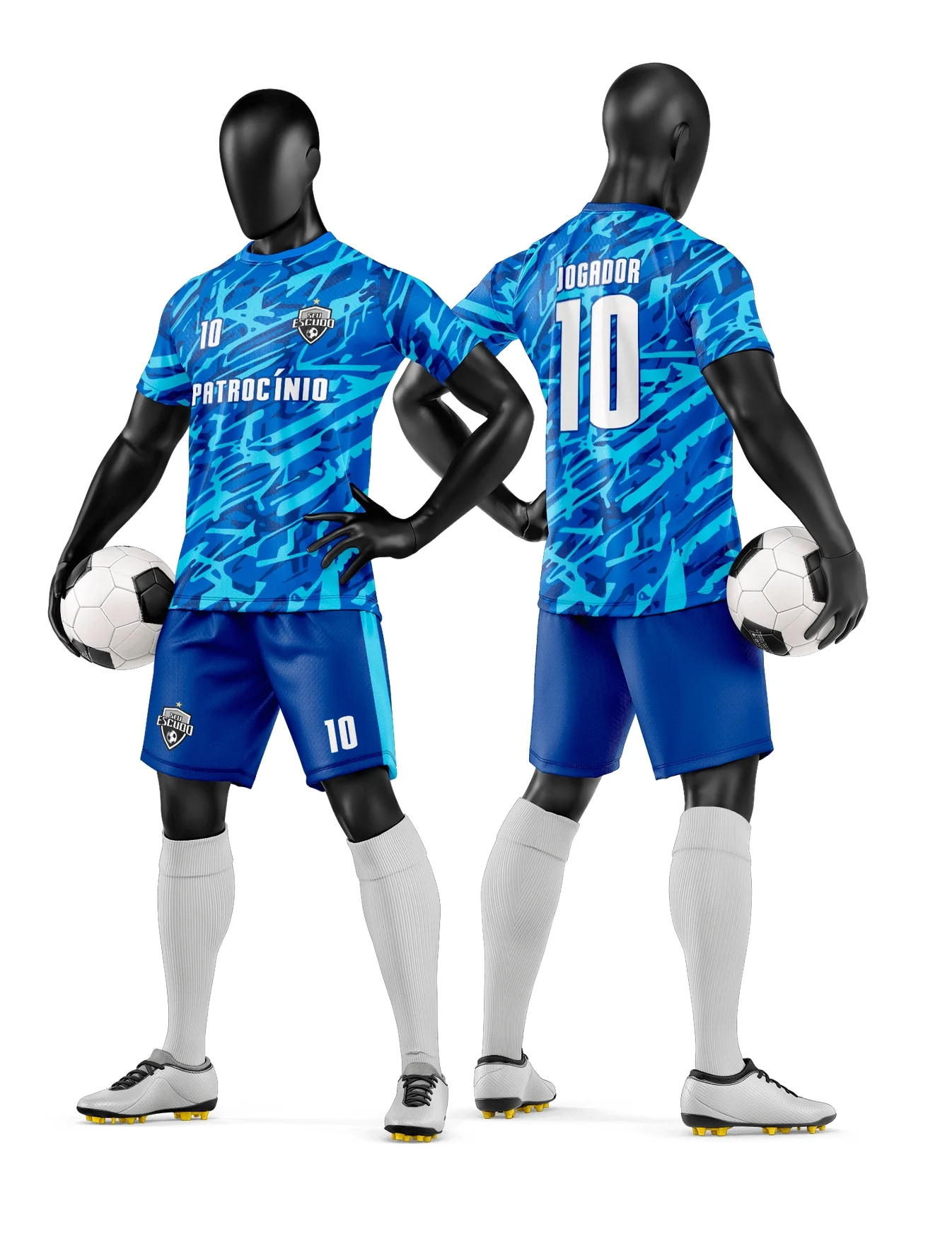 Camiseta unissex preta com logo no peito e estampa grande nas costas, inspirada em time de futebol amador, ideal para uniformes esportivos.