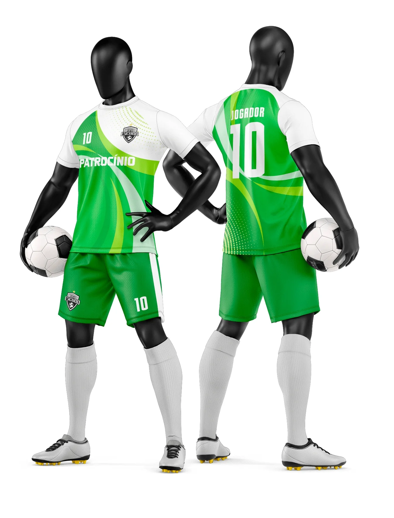 Camiseta unissex preta com logo no peito e estampa grande nas costas, tema camisa e short de time de futebol amador, visual moderno e esportivo.