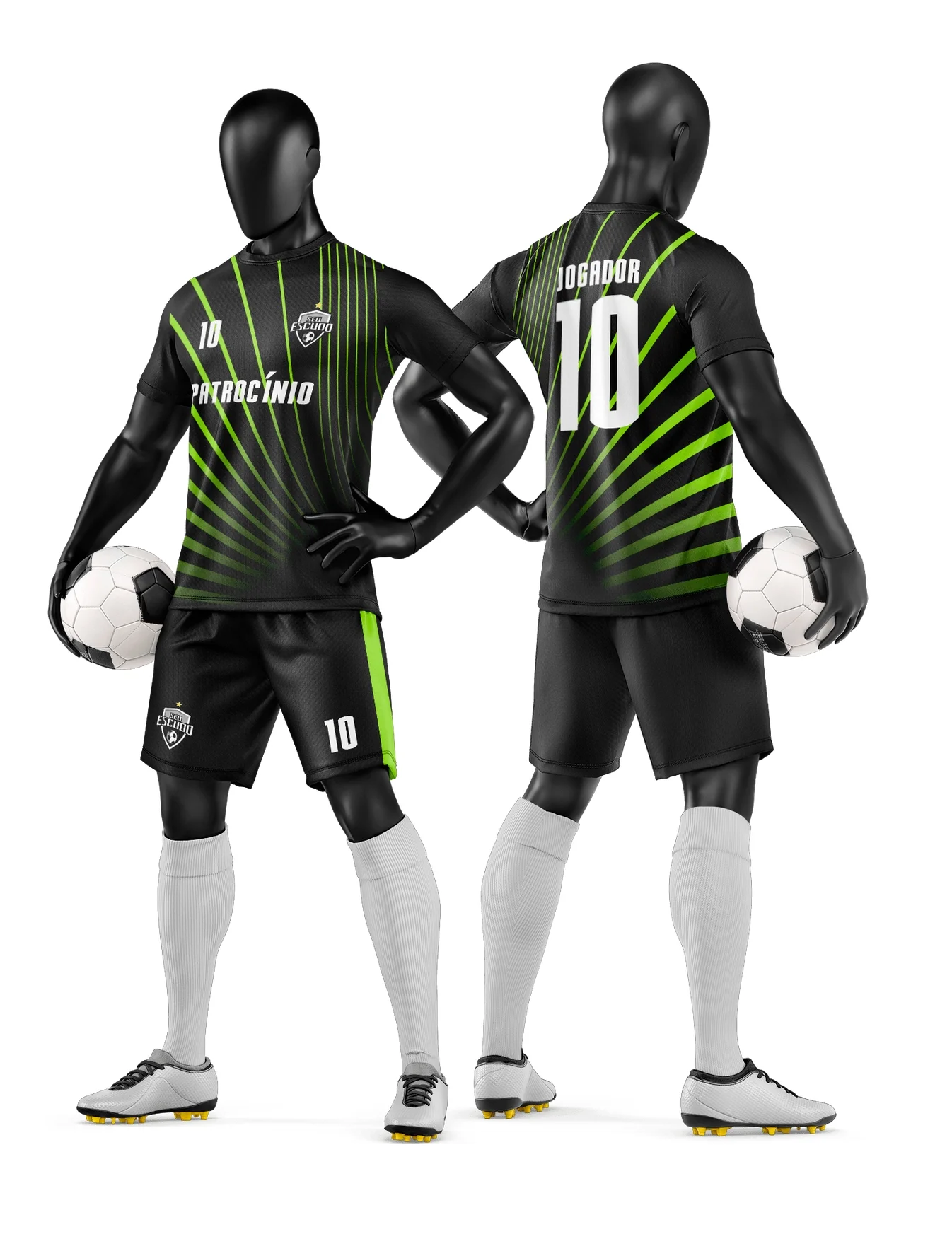 Foto de camiseta unissex preta com logo no peito e estampa grande nas costas, tema de time de futebol amador, estilo esportivo e moderno.